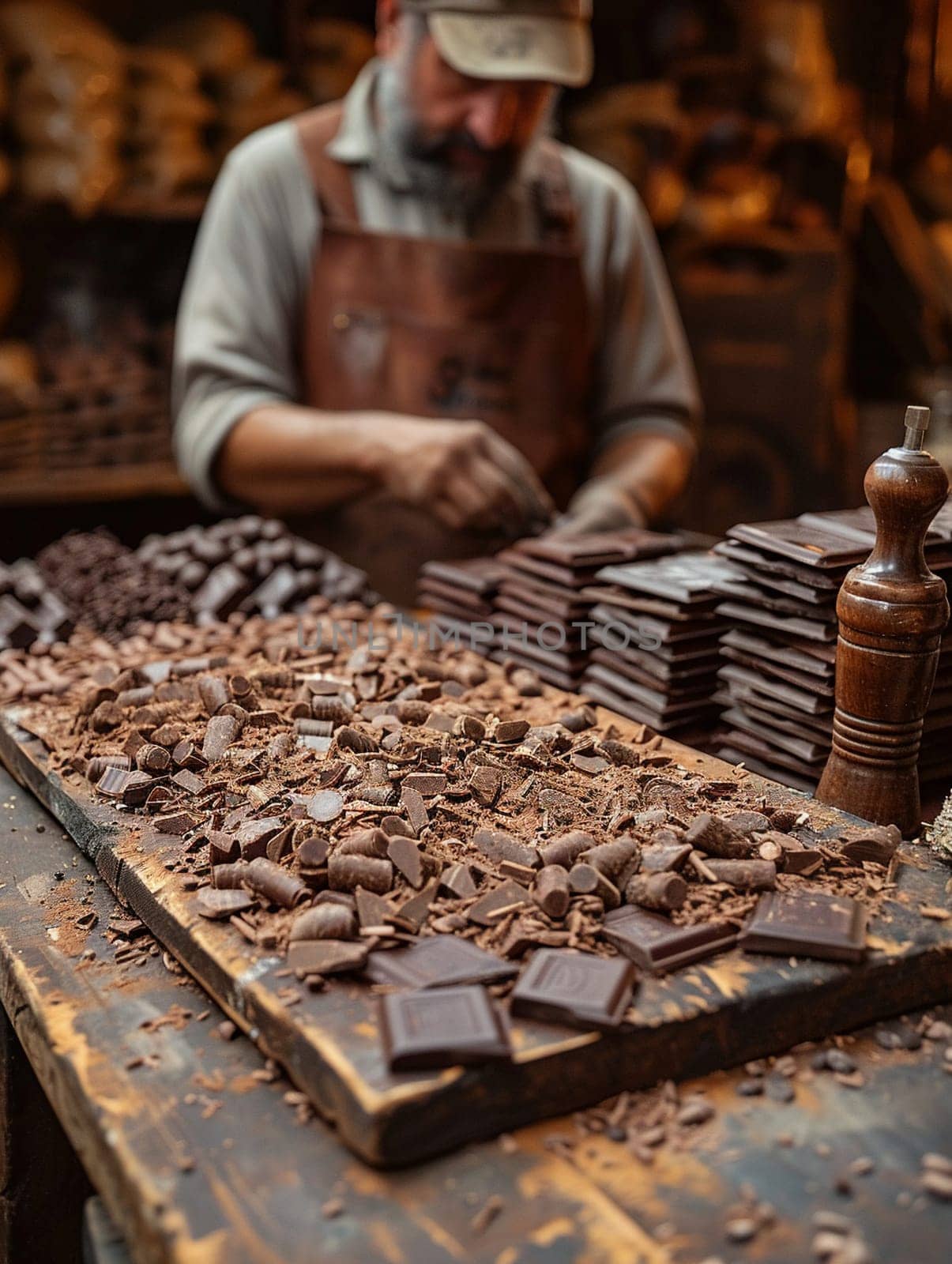 Rustic Chocolate Factory Workshop Amidst Sweet Aroma, Soft focus on artisan tools and chocolate pieces alludes to the craftsmanship in confectionery.