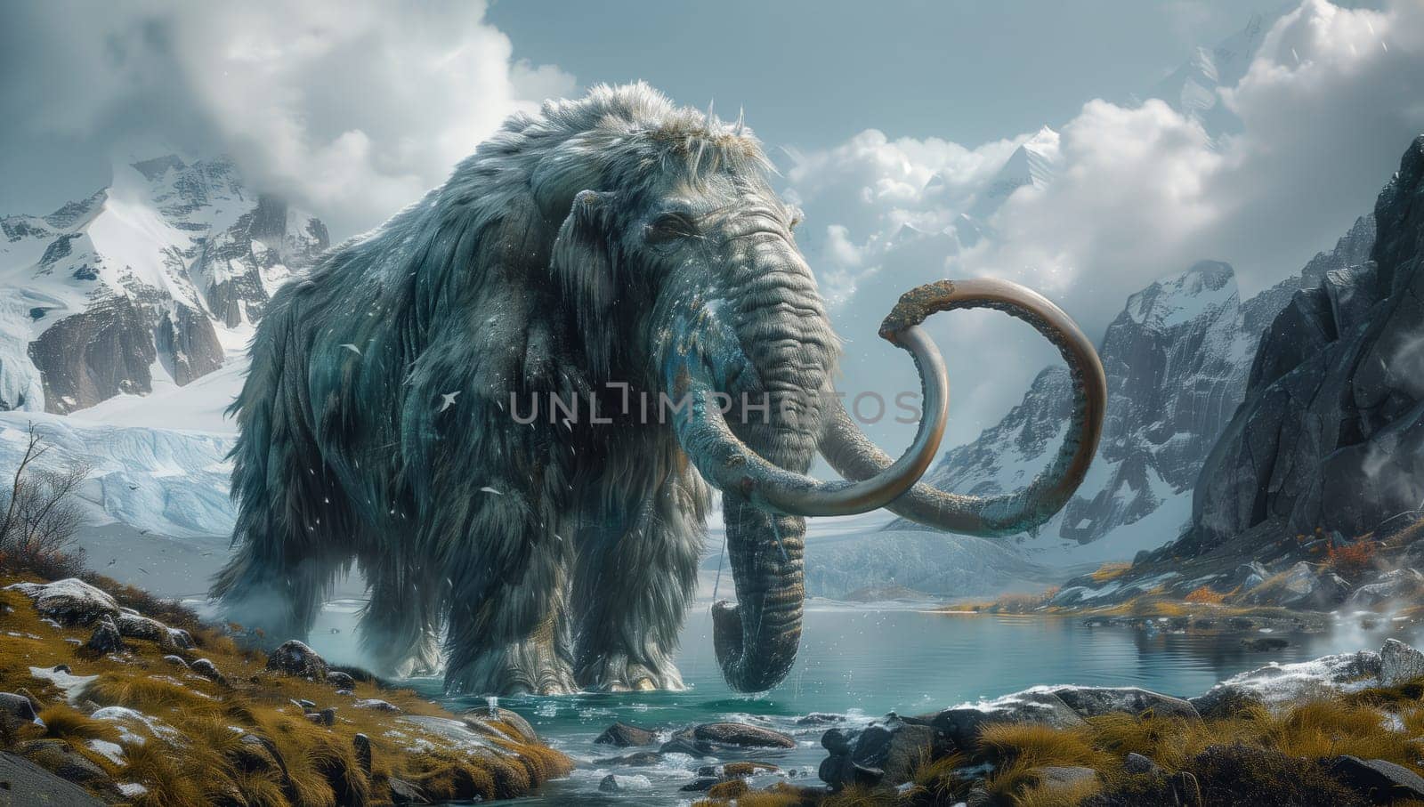 In a natural landscape, a mammoth stands next to a lake in the mountains, surrounded by tall trees and fluffy clouds, creating a mystical scene