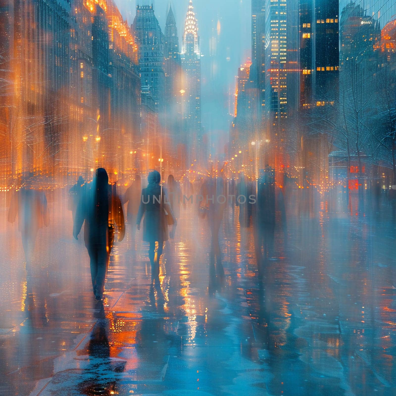 Blurred Financial District with Skyscrapers and Scurrying Professionals by Benzoix