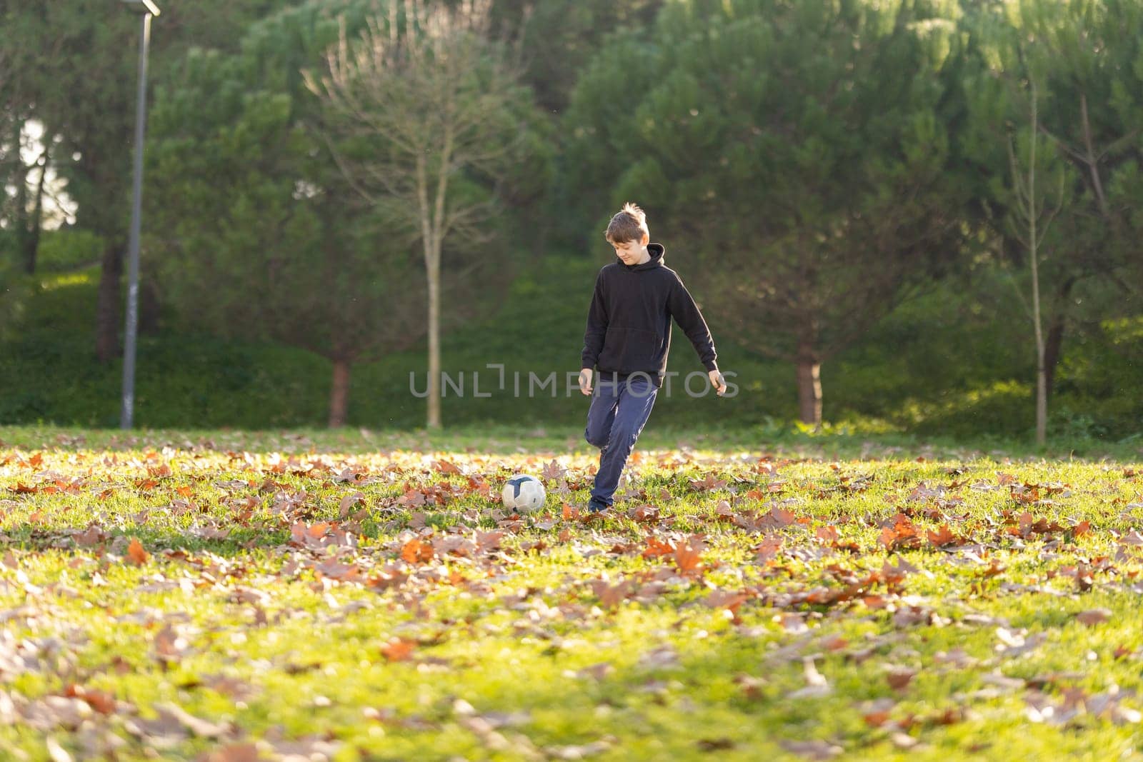 A boy is kicking a soccer ball in a field by Studia72