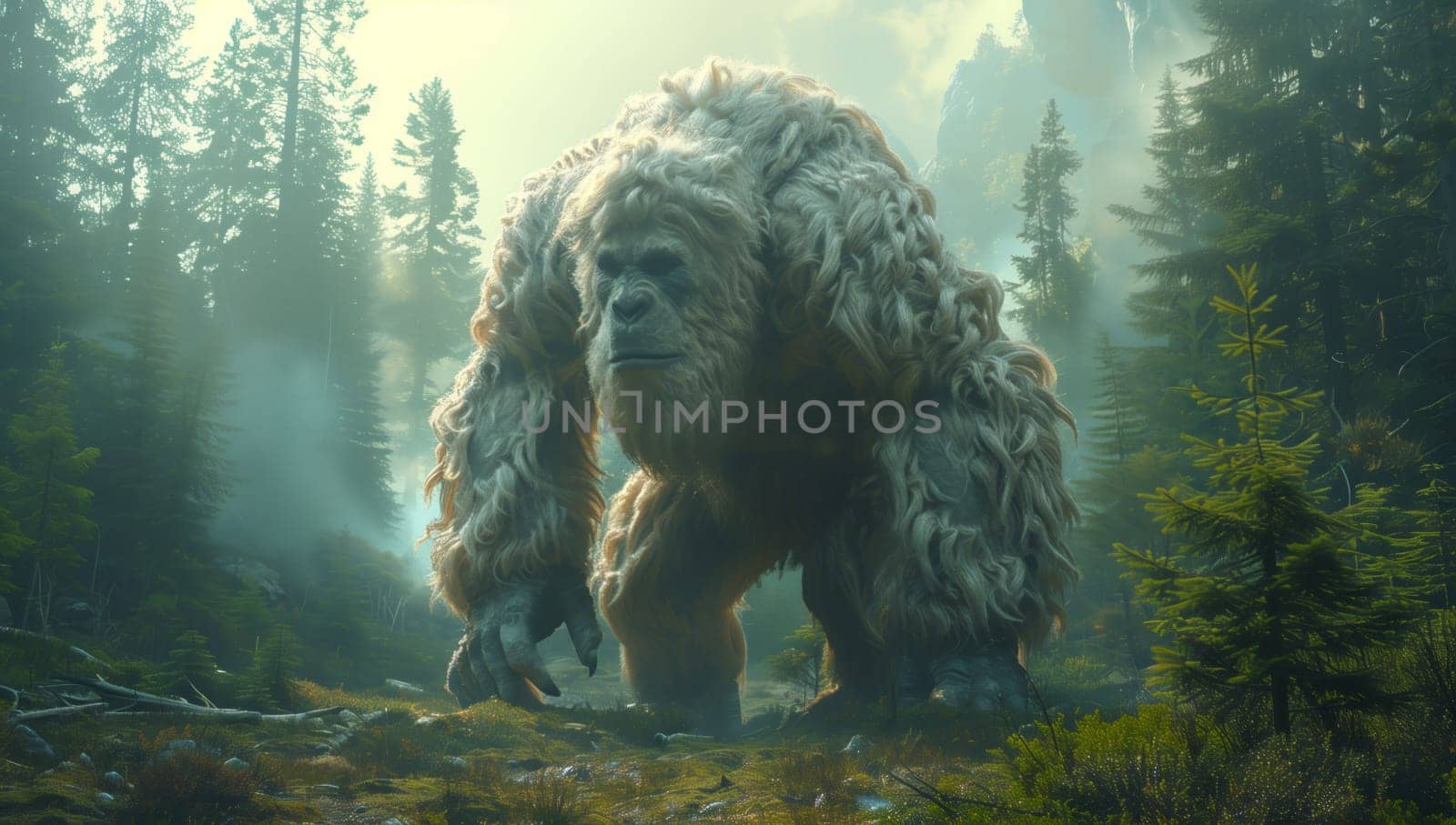 A colossal gorilla stands amidst the dense forest, surrounded by towering trees, lush green grass, and the darkness of the natural landscape