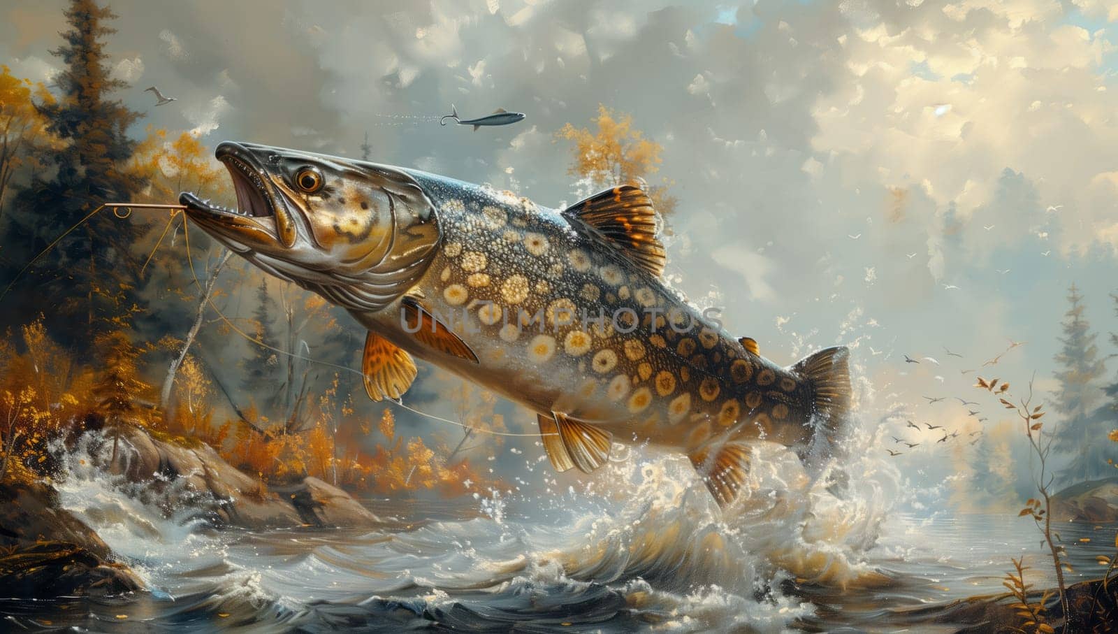 A dynamic painting capturing the fluid motion of a trout jumping out of the water, showcasing its fin and tail. A perfect display of marine biology in action