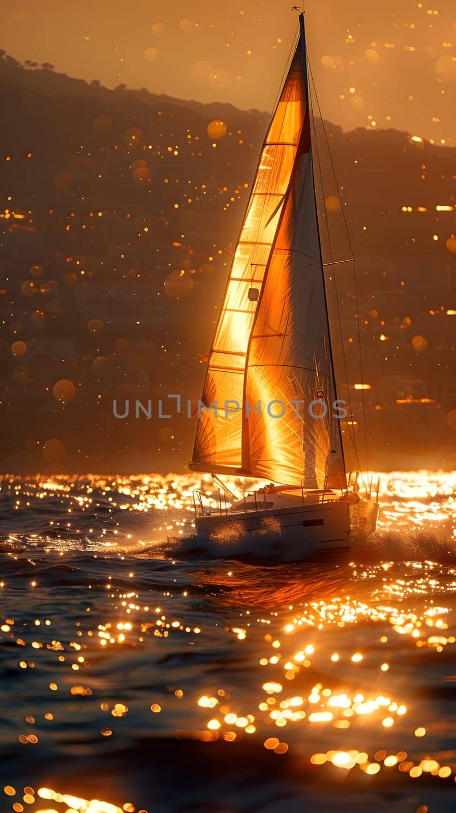 A wooden sailboat glides gracefully on the liquid surface of the water as the sun sets on the horizon, creating a beautiful natural landscape with the glowing astronomical object above