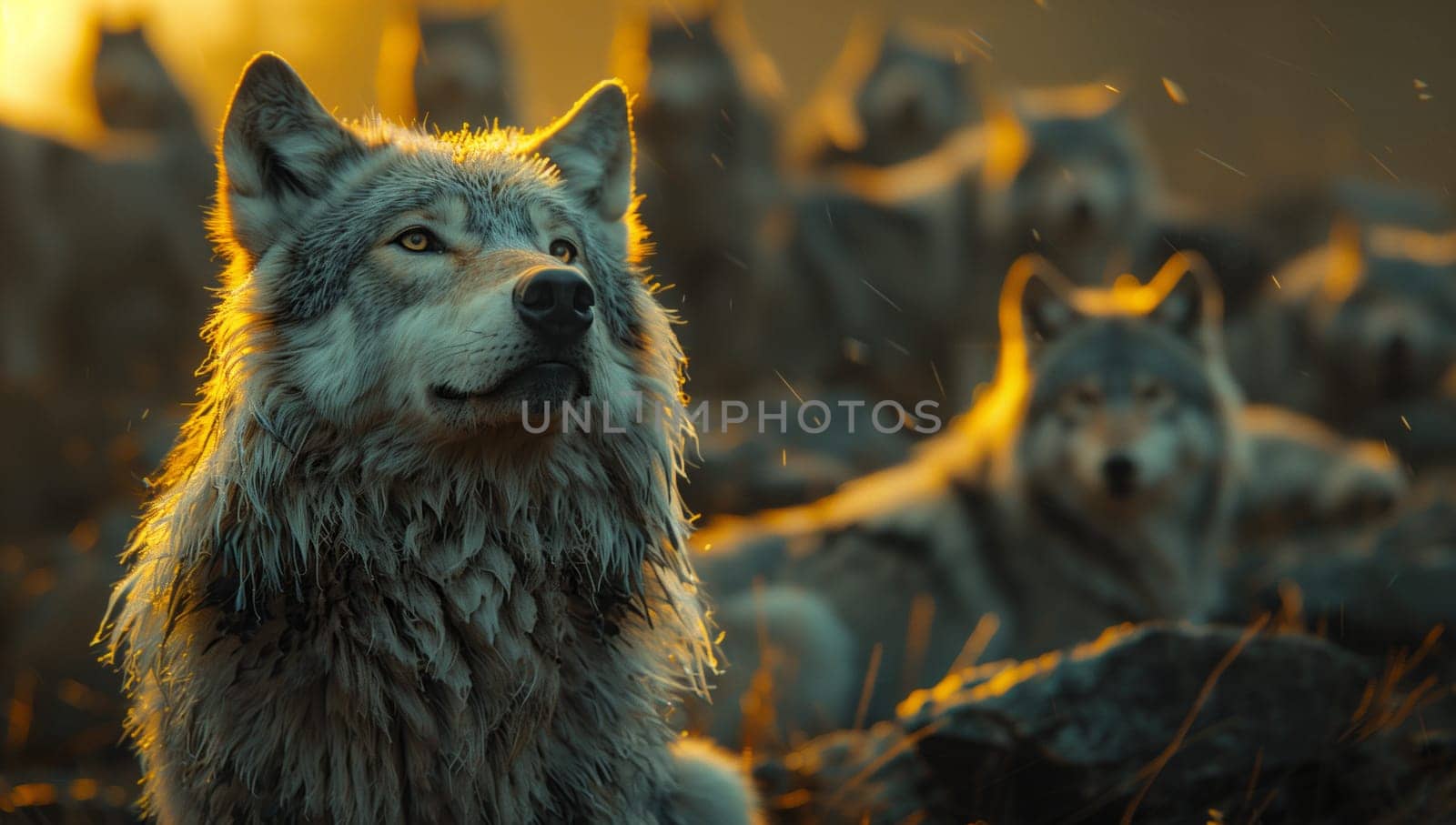 A pack of terrestrial carnivore animals with whiskers and fur, resembling a dog breed, stand together in the field with their snouts and electric blue eyes shining in the sunlight