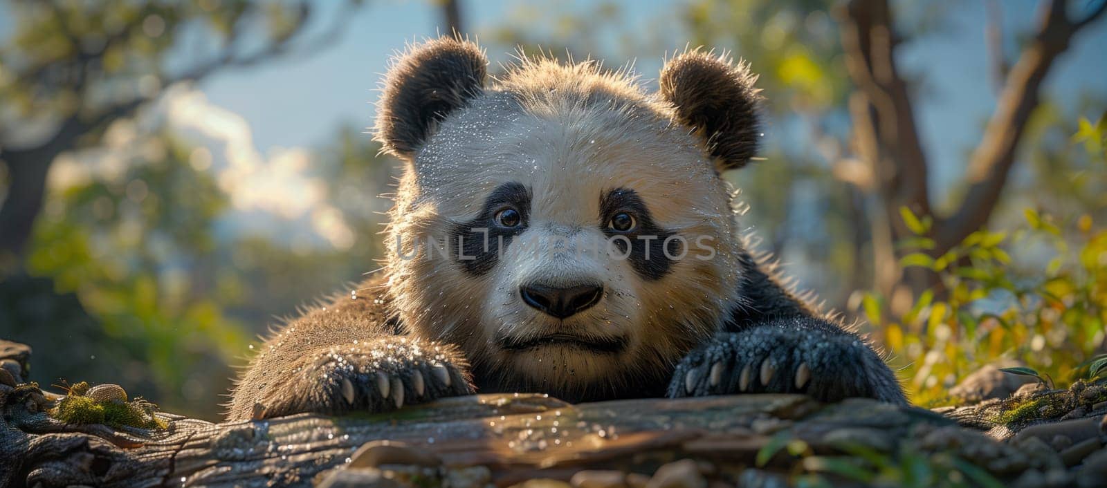 A terrestrial Carnivore, the panda bear, is lying on a rock in the jungle, surrounded by terrestrial plants and water. Its fur shines as it looks at the camera with its innocent snout