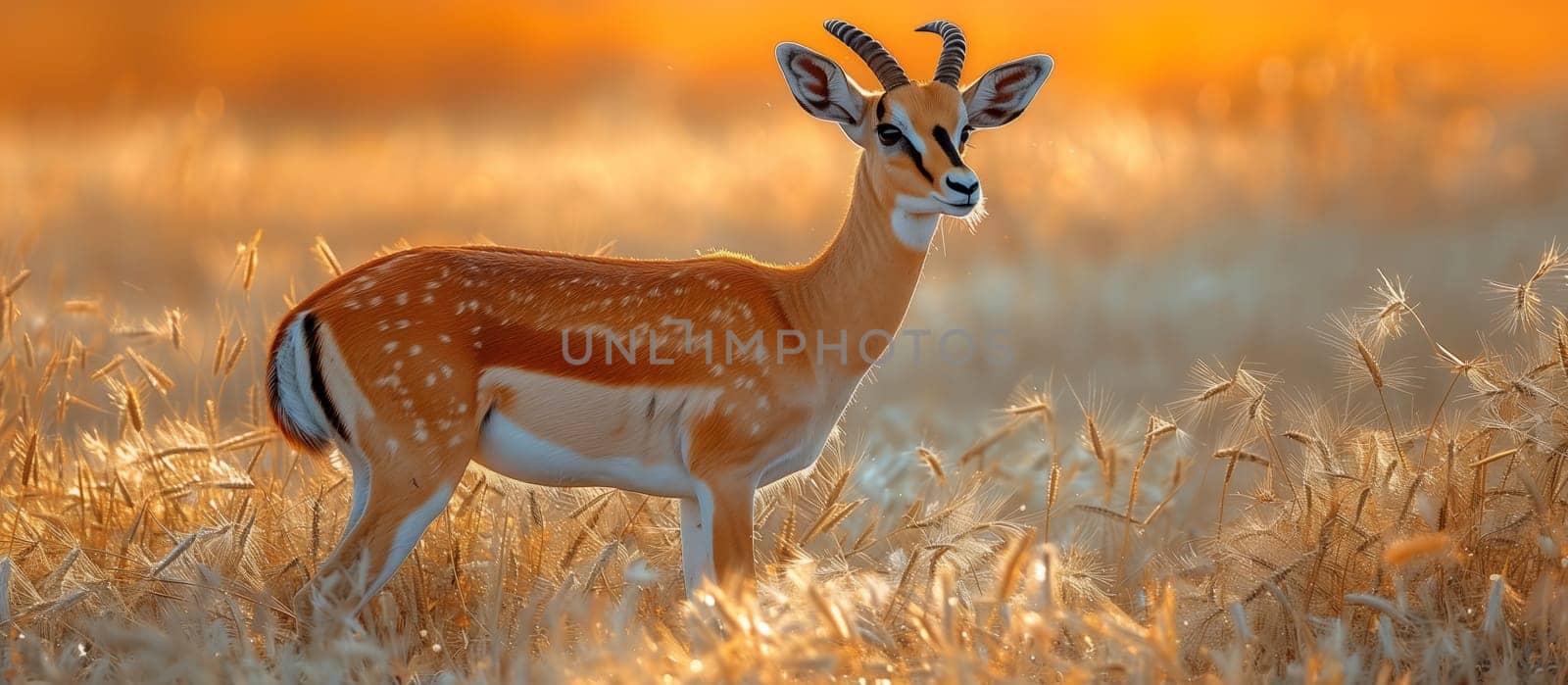 In the grassland ecoregion, a deer with a fawn standing in tall grass, showcasing terrestrial animal adaptation in their natural landscape with their snouts grazing on the grass