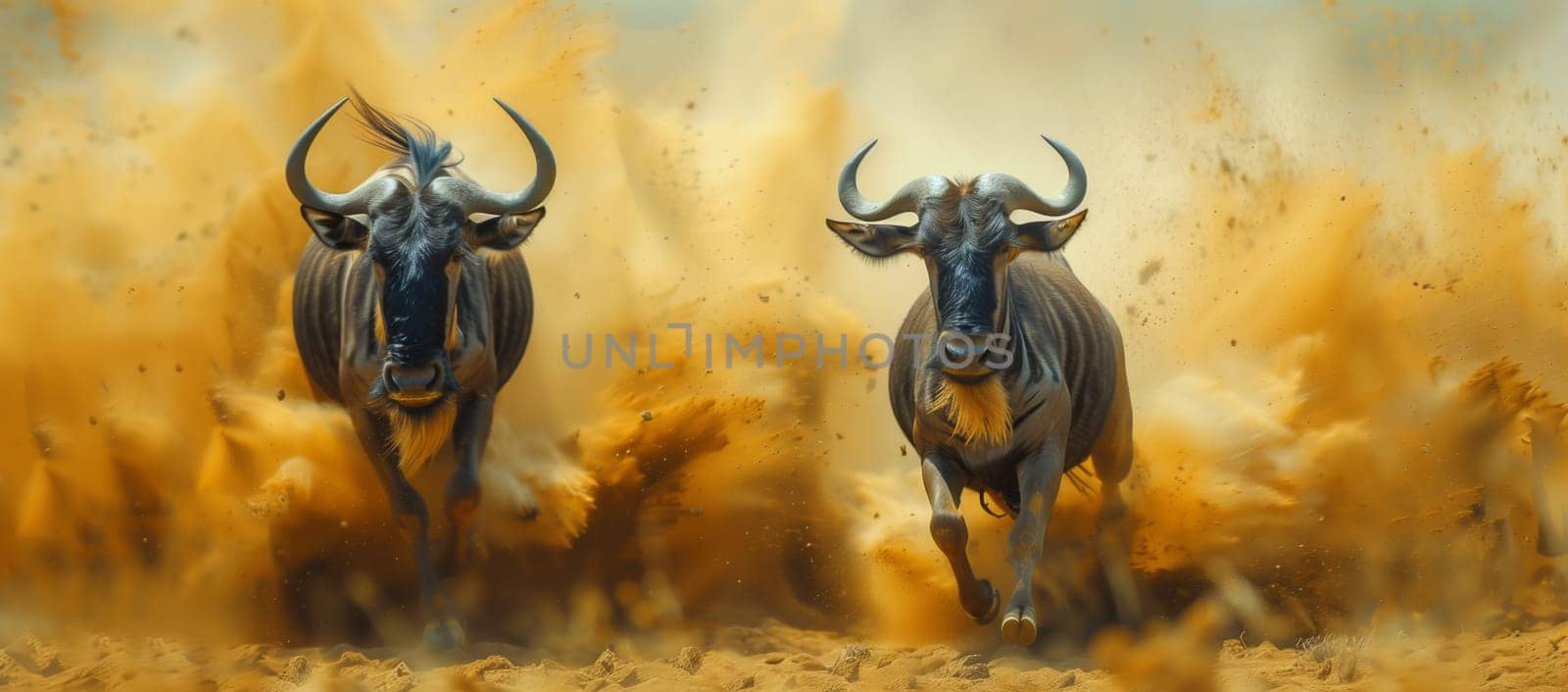 Two wildebeest running in dirt field, iconic bovines on the move by richwolf