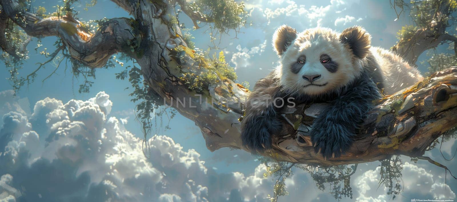 A carnivorous terrestrial animal, the panda bear, with whiskers and a snout, is resting on a tree branch high in the sky, surrounded by fluffy fur