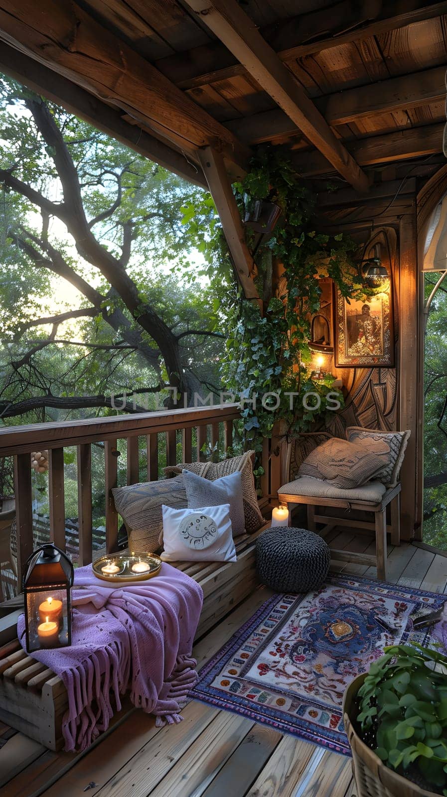 A balcony with a cozy couch, chairs, a rug, and a lantern, surrounded by potted plants and a tree, creating a beautiful natural landscape in the interior design of the building