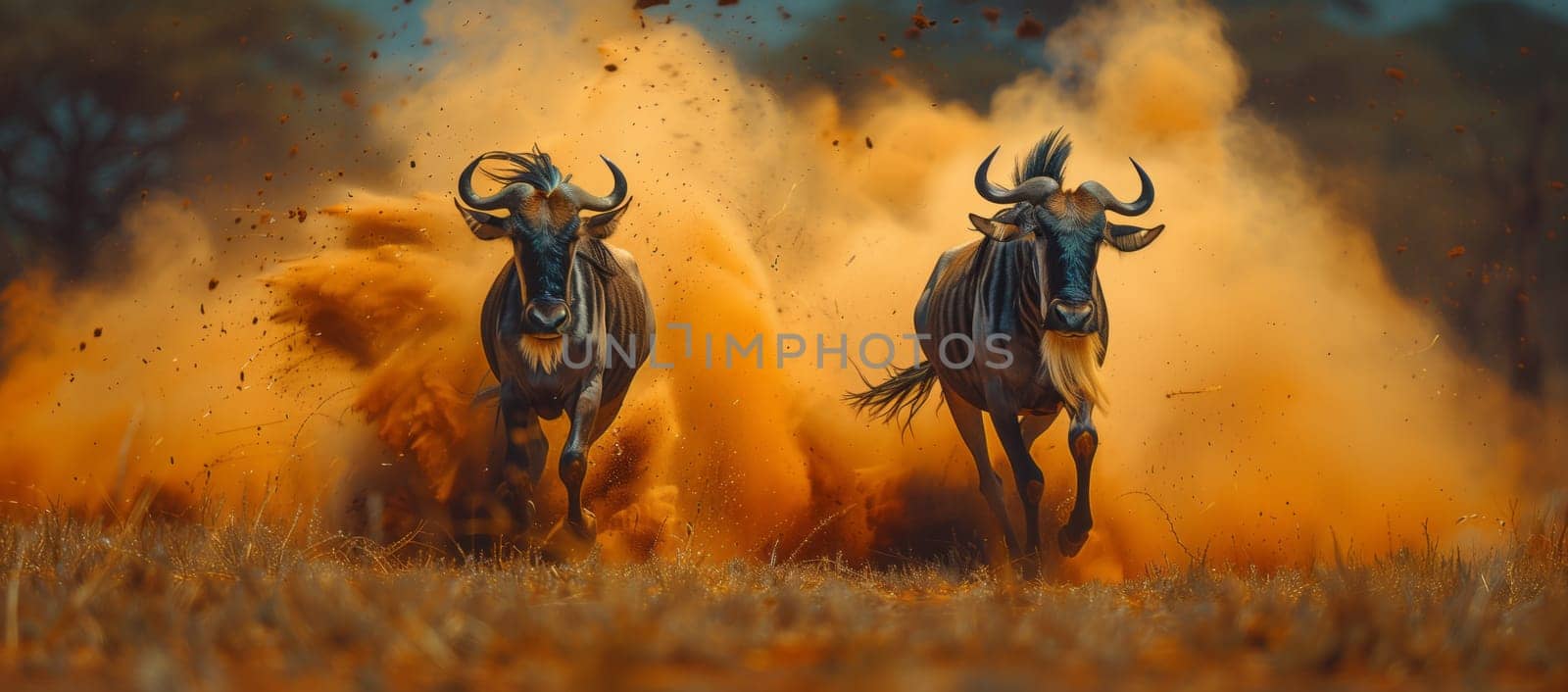 Two wildebeest gallop across a dusty grassland, their majestic figures creating a picturesque scene reminiscent of a painting in motion