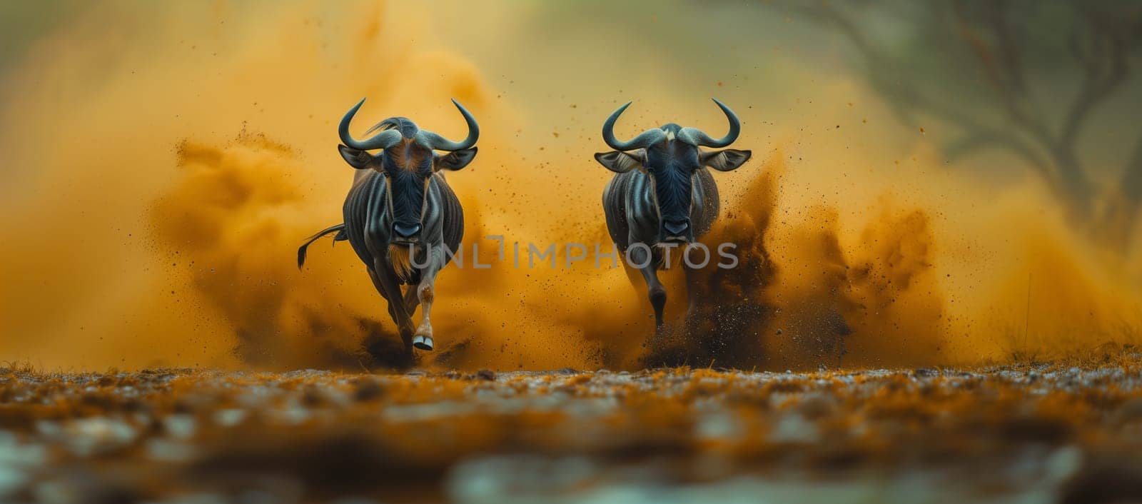 Two bulls running on a dirt bridge in a natural landscape by richwolf