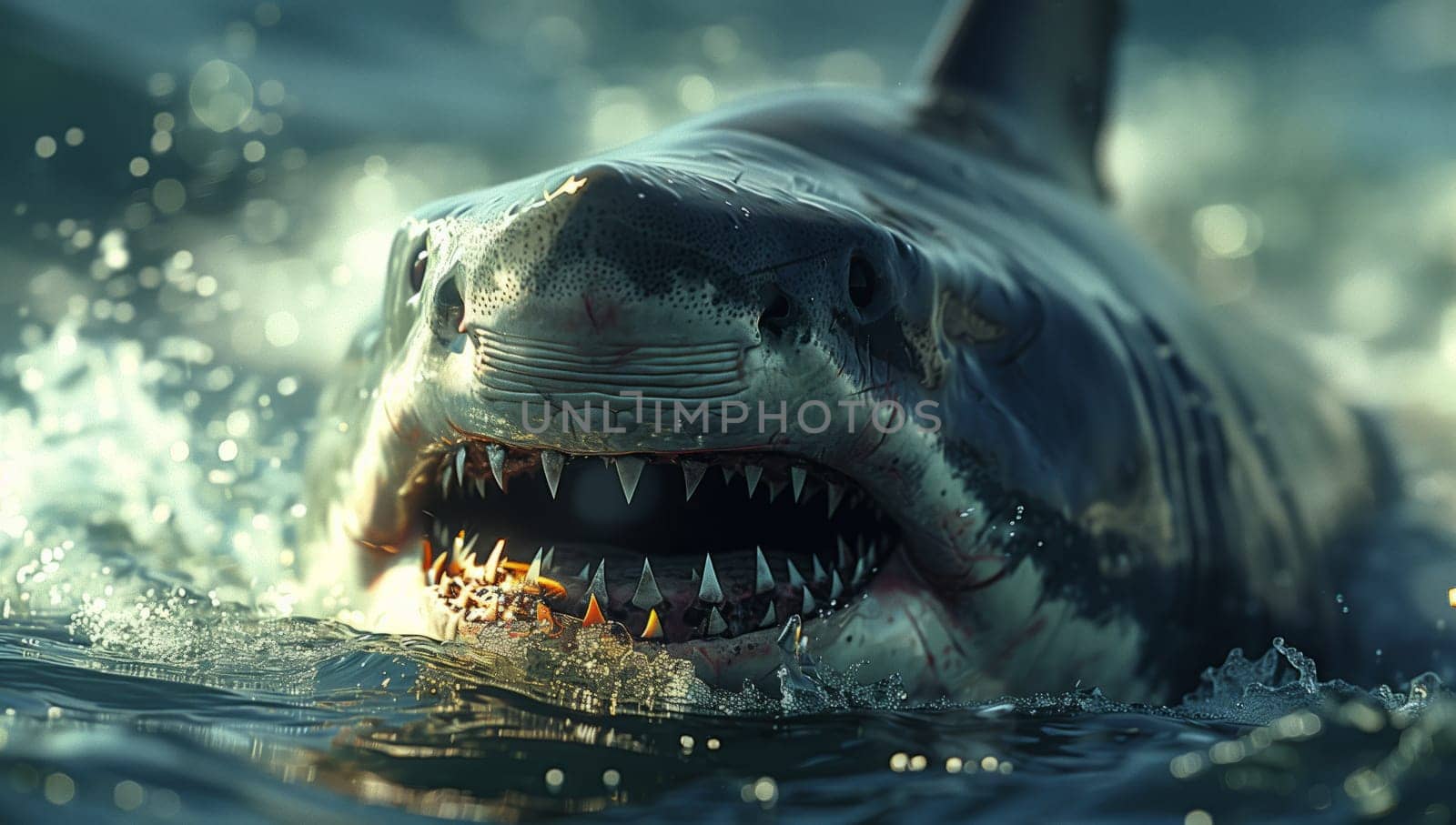 A great white shark glides through the water with its jaw wide open, revealing rows of sharp fangs. This natural landscape showcases the beauty of marine biology and wildlife