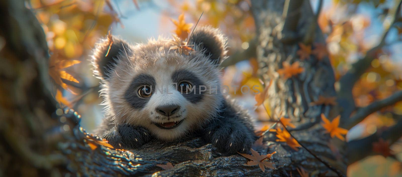 Carnivore with whiskers, a panda bear perches on a tree branch by richwolf
