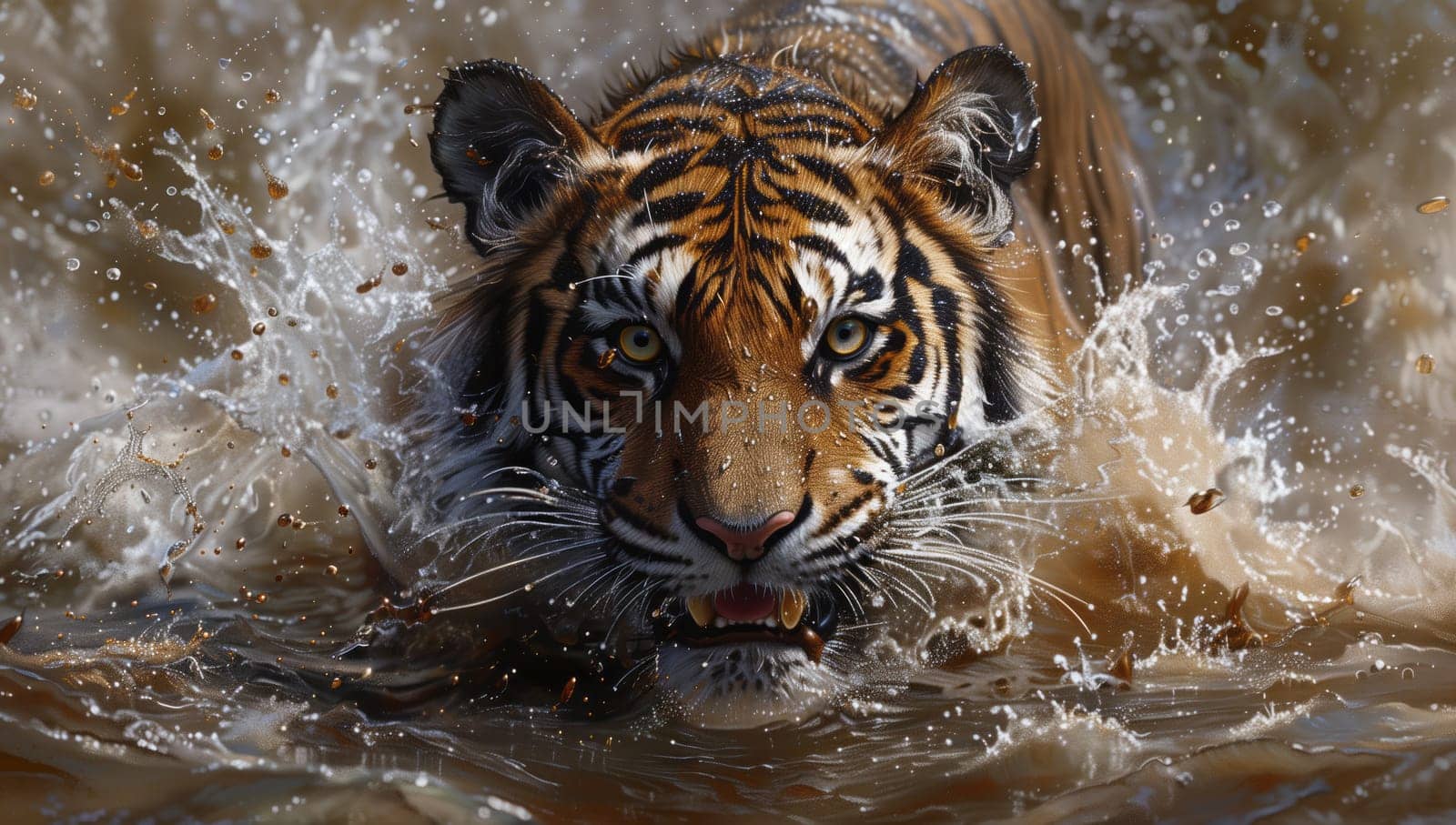 A beautiful painting of a Bengal tiger swimming gracefully in the water, showcasing the majestic big cats strength and elegance