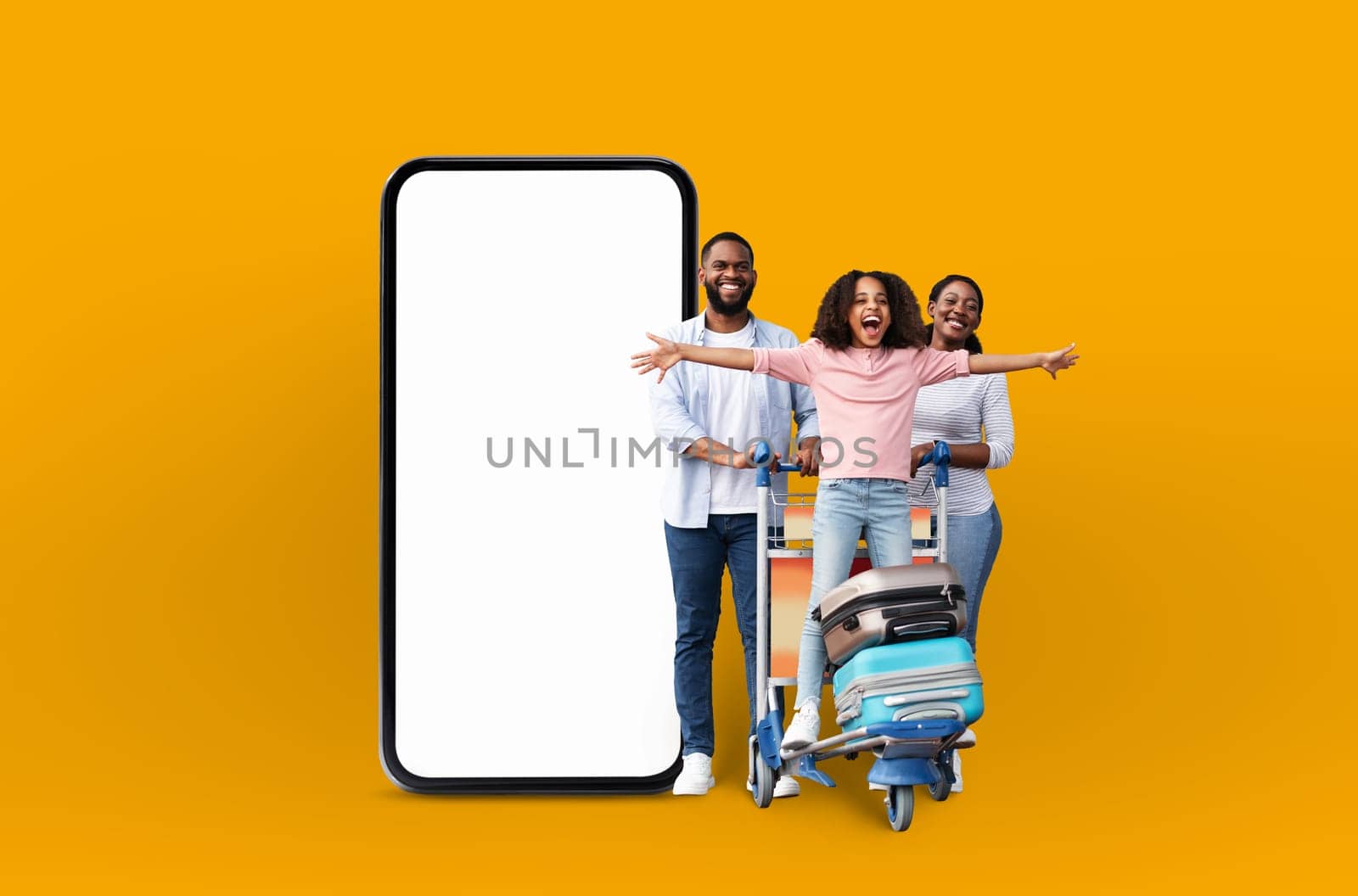 A cheerful african american family with suitcases next to a large phone screen, representing family vacation applications and online offers in a digital isolated manner