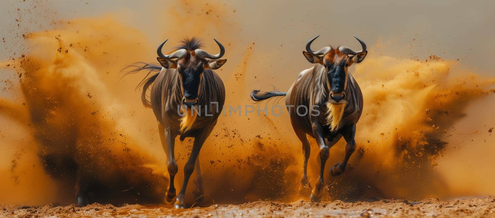 Two wildebeest, working animals, are galloping across a grassland in a natural landscape. Their movement could inspire a beautiful painting capturing the event