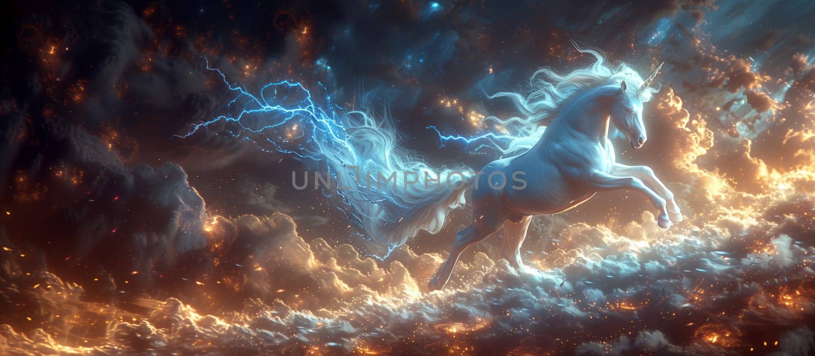 A horse gallops through a cumulus cloudfilled sky as lightning strikes, surrounded by electric blue atmosphere. An incredible display of art in space