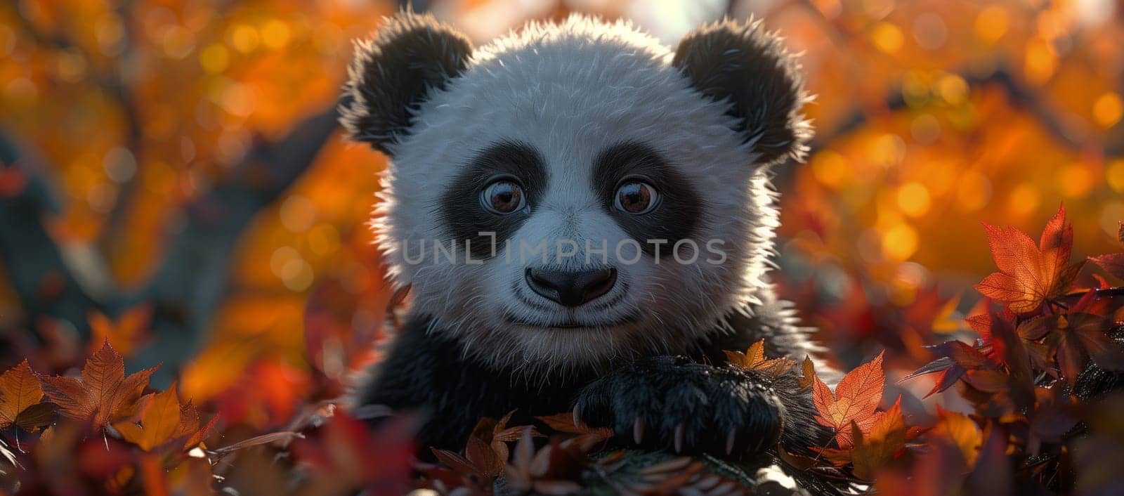 A carnivorous panda bear with fur is peacefully sitting in a pile of leaves, surrounded by terrestrial plants and trees in a natural setting