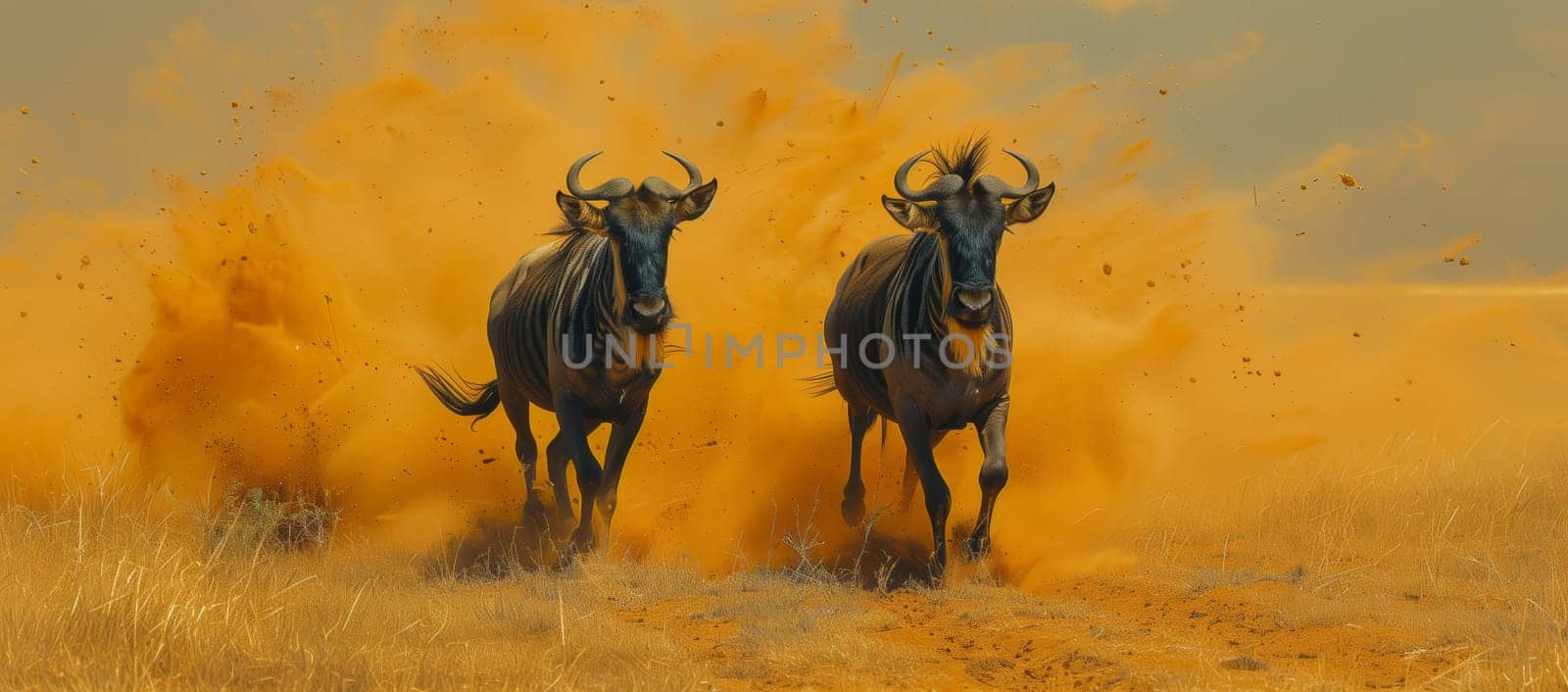 Two wildebeest sprinting across a grassy savannah landscape by richwolf