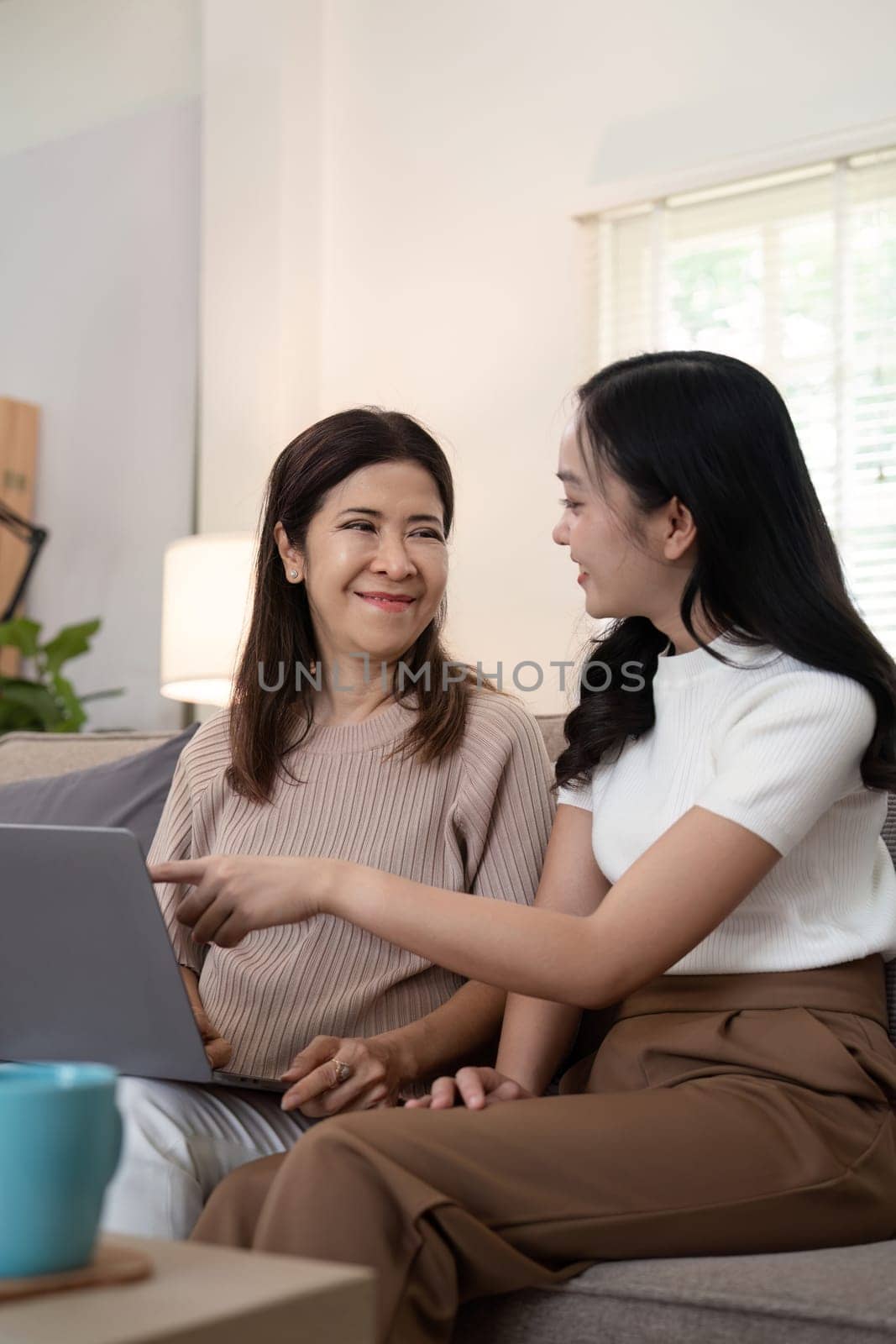 Senior mother and adult daughter relaxing and looking at laptop together at home.
