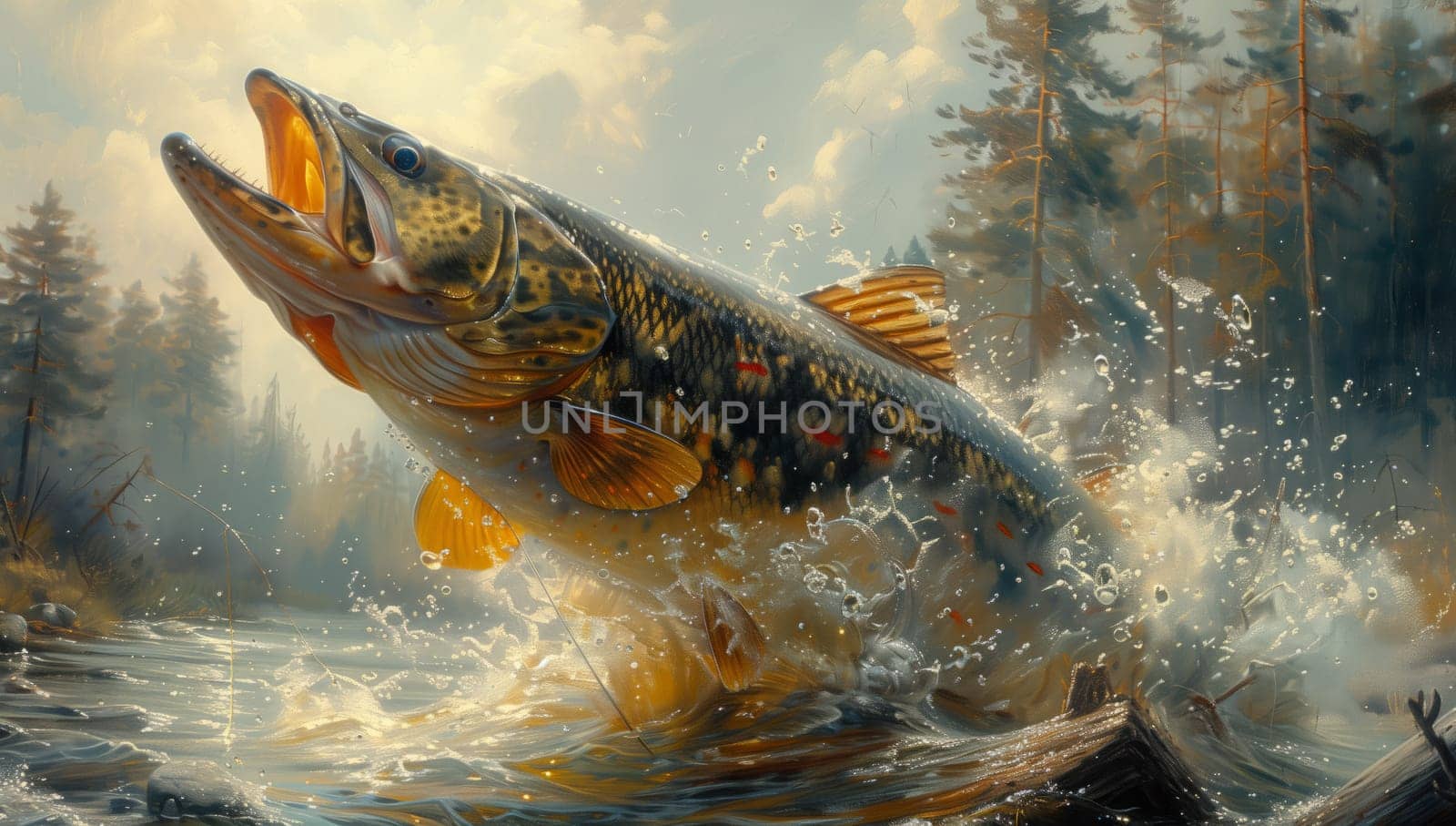 A rayfinned fish with a majestic tail is leaping out of the water in a painting capturing the beauty of marine biology and underwater life