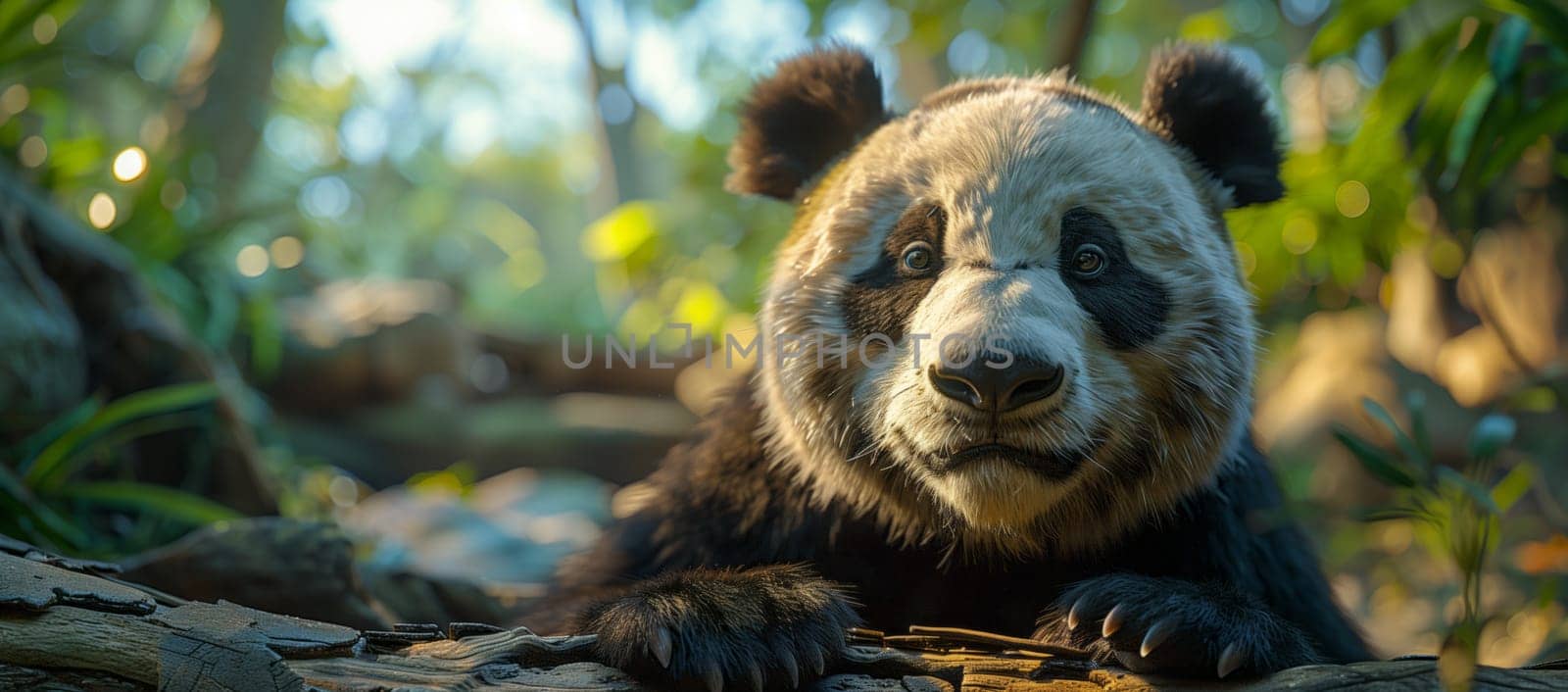 A carnivore panda bear is peacefully laying on a rock in the woods, gazing at the camera amidst a natural landscape of grass and trees