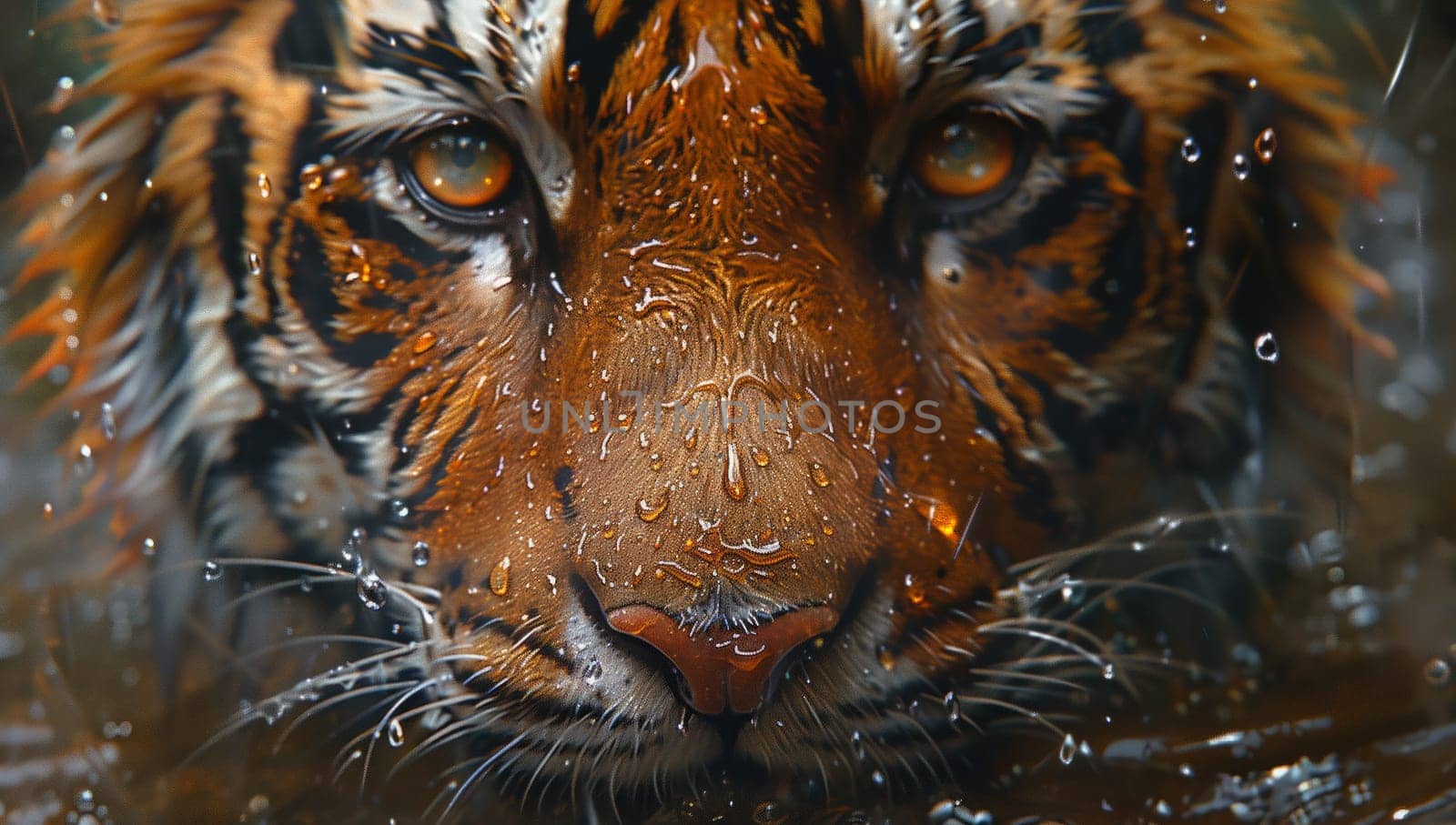 A closeup of a Siberian tigers face is reflected in the water, showcasing its whiskers, fawn fur, and powerful snout. Tigers are carnivorous felidae and big cats