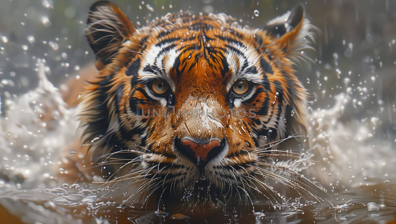A Bengal tiger, a member of the Felidae family and a carnivorous terrestrial animal, is seen swimming in the water with whiskers glistening, staring directly into the camera