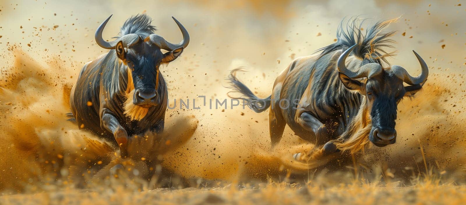 Two wildebeest running across grassland, their horns raised high by richwolf