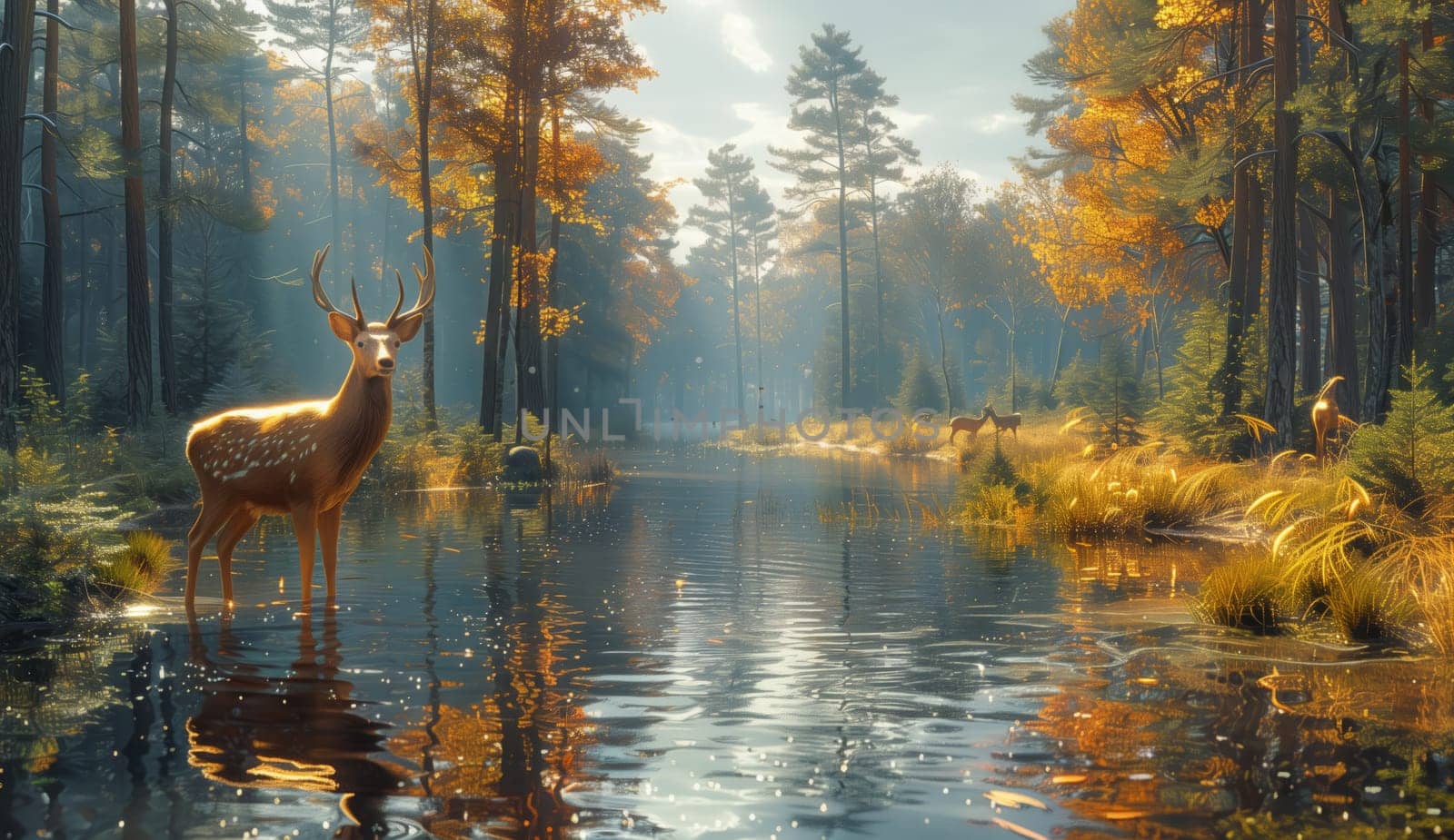 A deer gracefully stands in the tranquil waters of the forest river, surrounded by the beauty of nature trees, plants, and a serene natural landscape under the vast sky