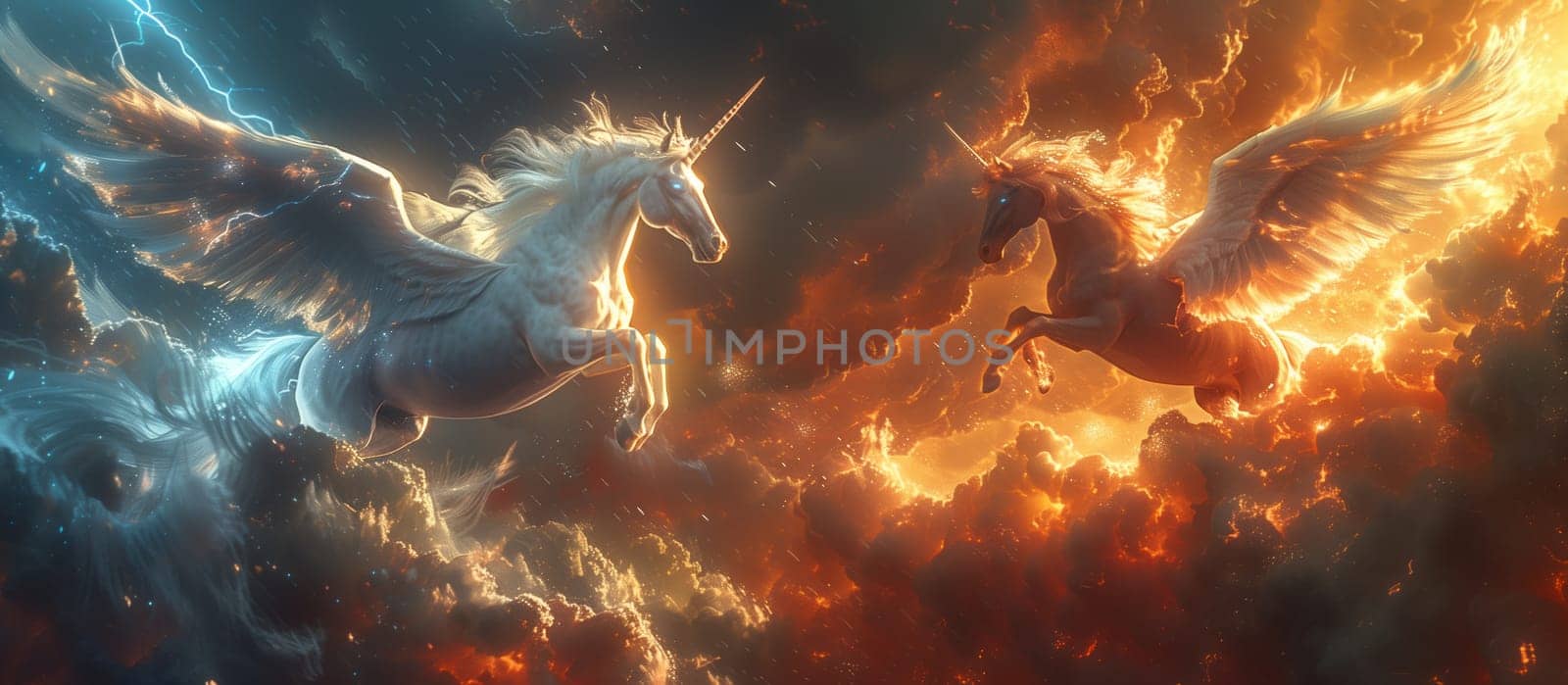 A majestic unicorn and a fiery phoenix soar through the cloudy atmosphere, painting the sky with vibrant colors among the cumulus clouds and distant horizon
