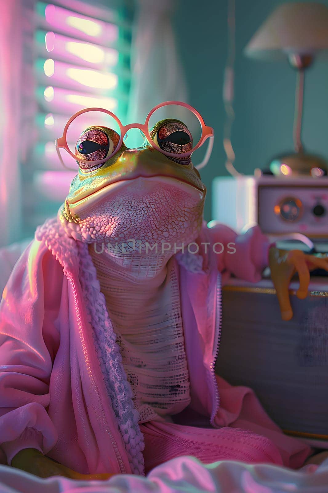A frog with stylish purple eyewear and a pink robe sits on a bed, showcasing the importance of vision care and fun fashion design in entertainment events