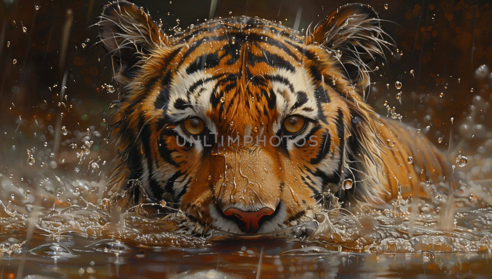 A Bengal tiger, a carnivorous organism belonging to the Felidae family of big cats, is swimming in the water and staring directly at the camera with its whiskers on display