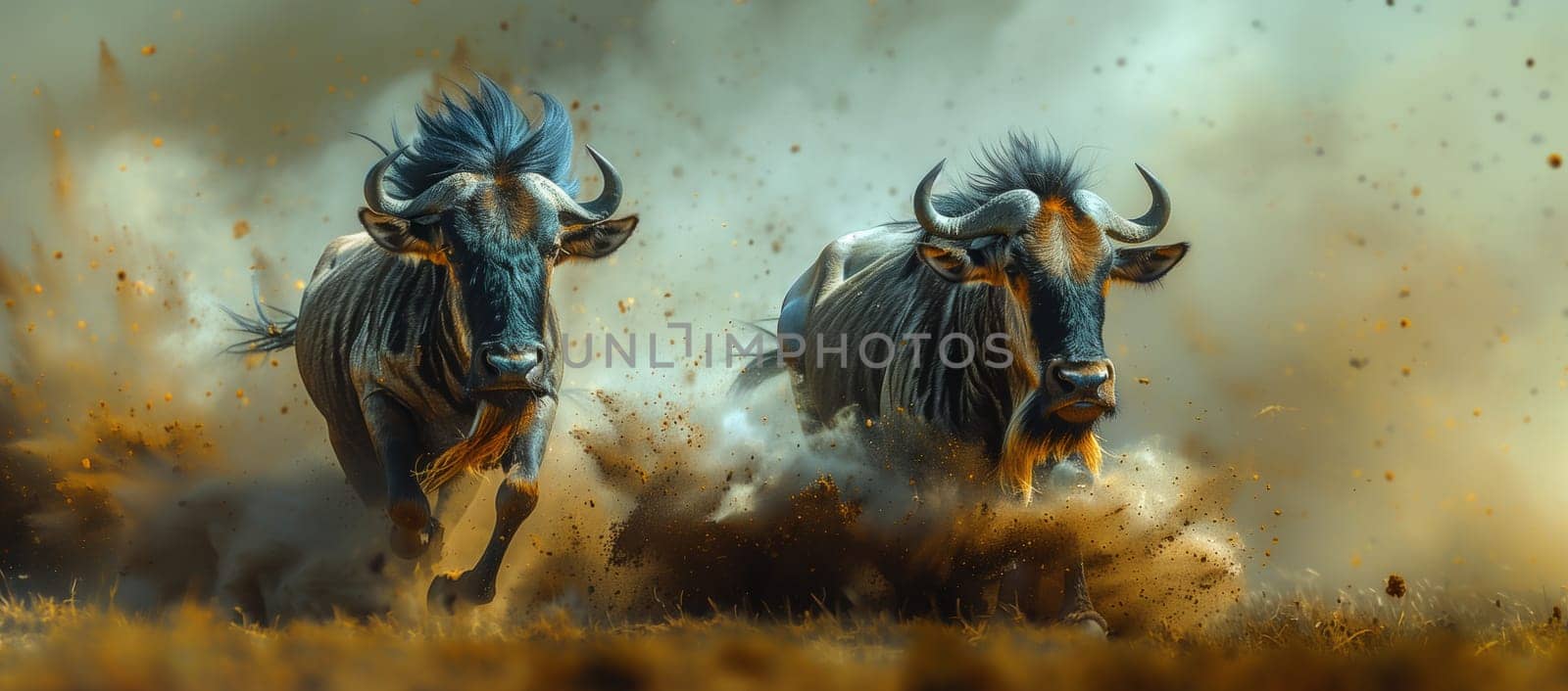 Two wildebeest, a pack animal, running through a dirt field in a stunning landscape. The scene could be part of an action film or an art painting capturing the terrestrial animals in motion