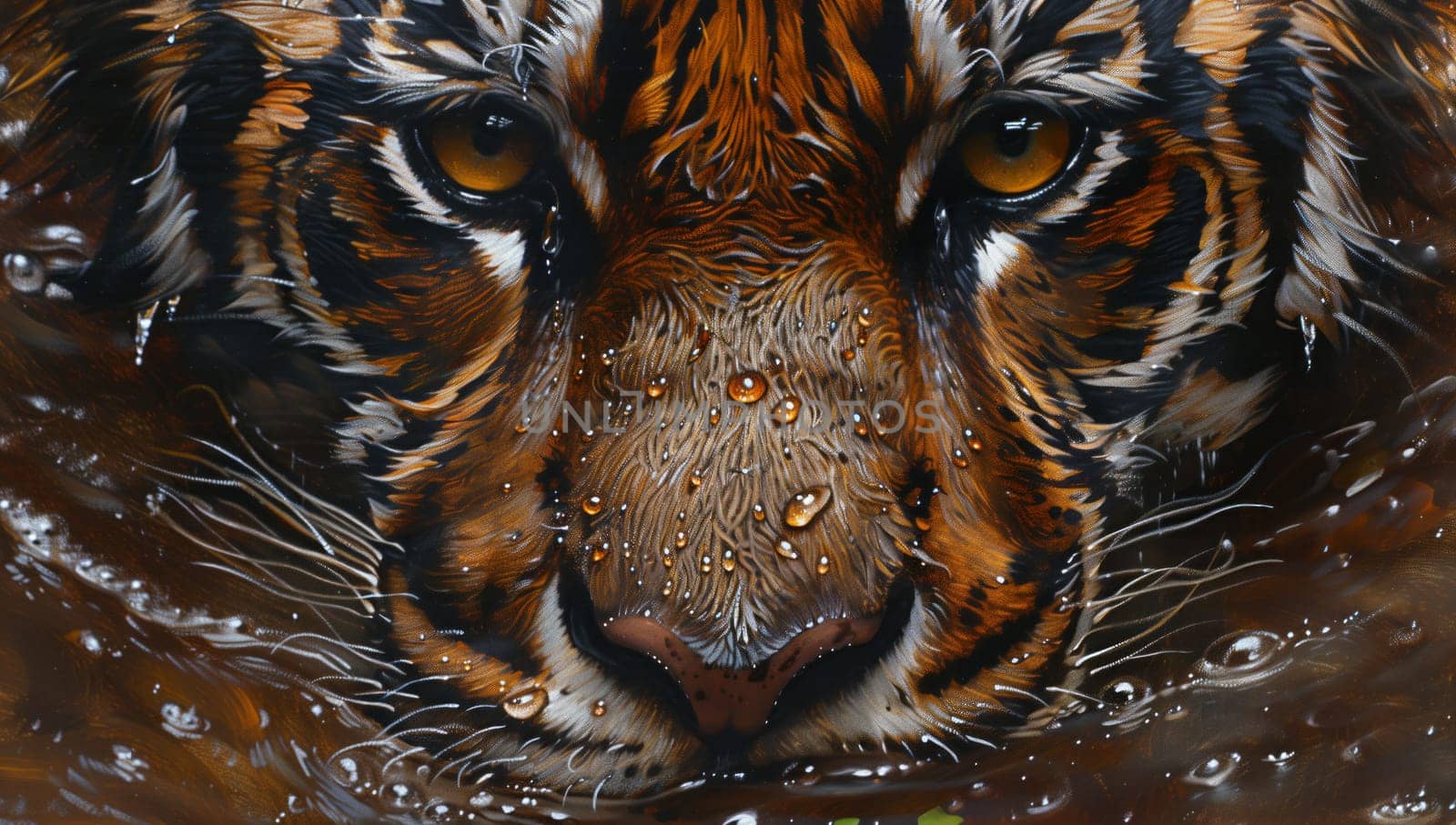 A closeup of a Siberian tigers head with its golden fur and piercing eyes reflected in the water, showcasing the beauty of this majestic carnivorous feline organism