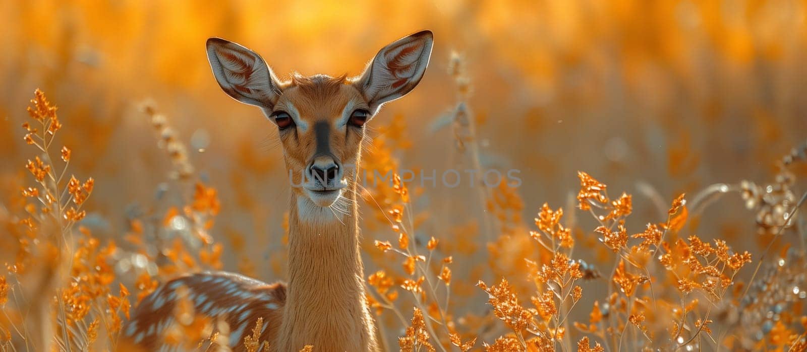 A fawn deer with orange fur is standing in a grassland field, its snout closeup to the camera, blending in with the natural landscape