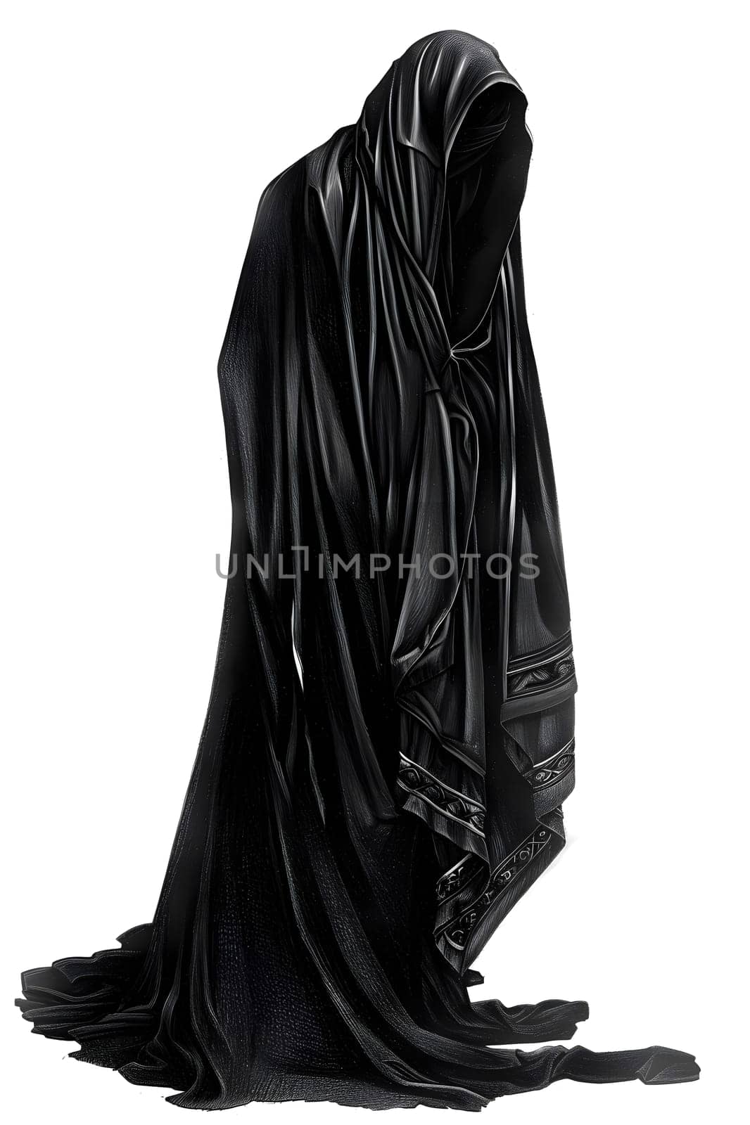 Outerwear of long black cloak with hood worn by the grim reaper by Nadtochiy