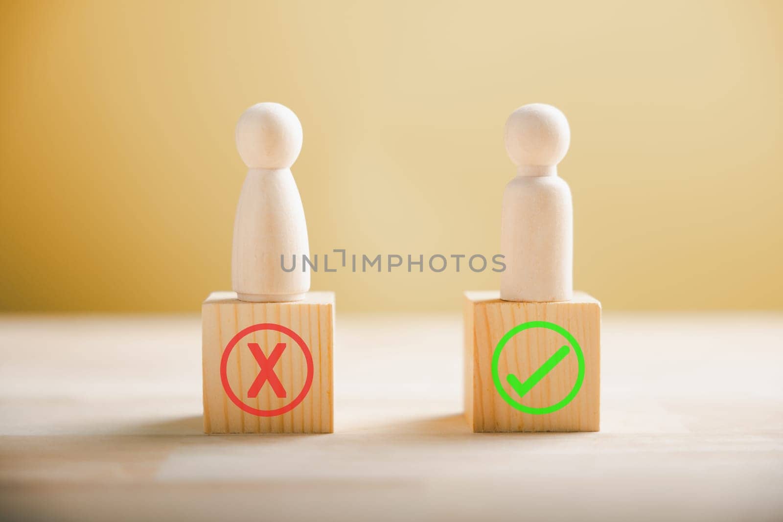 Decision-making concept, people use wood to display right and wrong pondering yes or no. Business dilemma indicated by true and false symbols. Think With Yes Or No Choice.