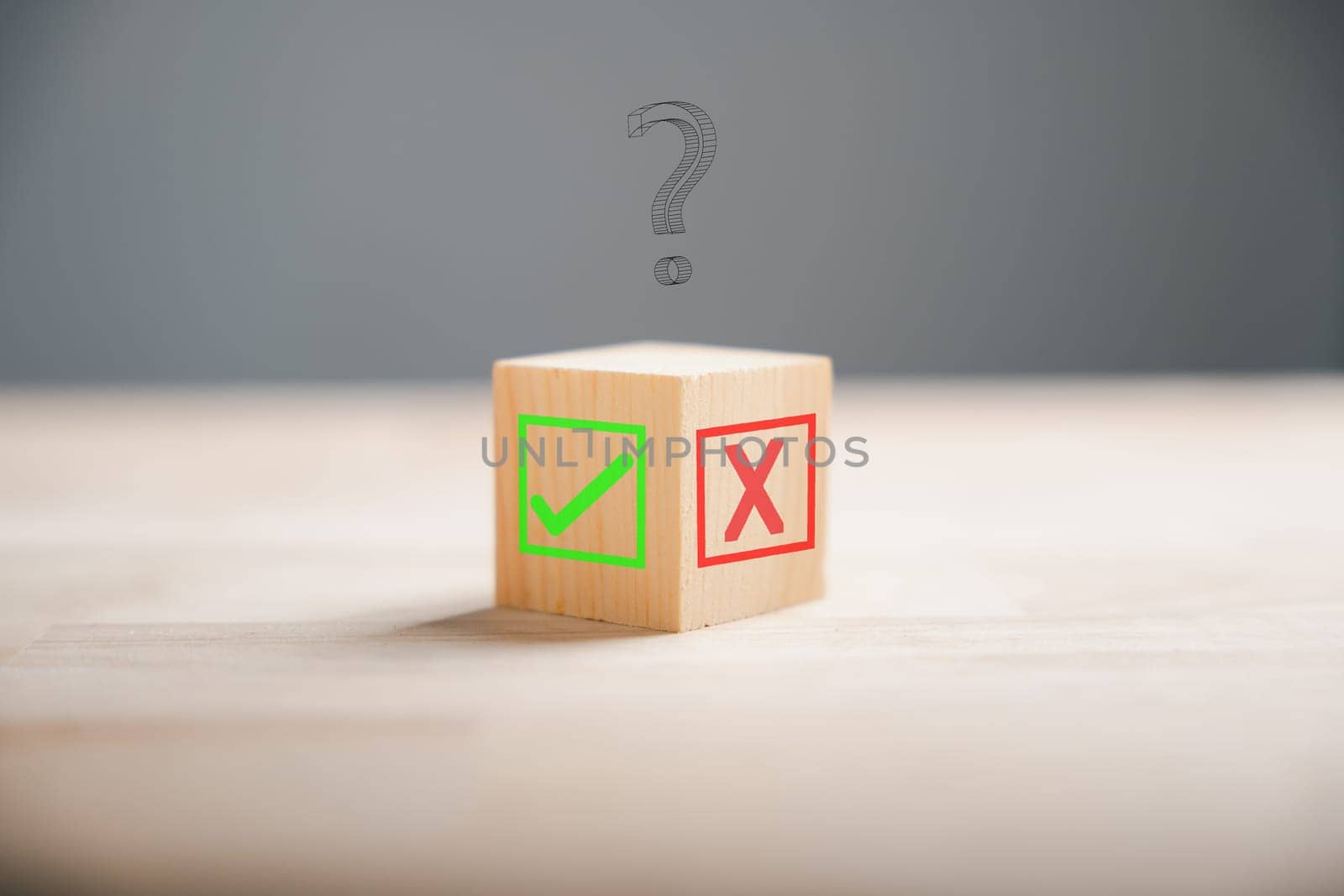Symbolic wooden block showcases green check mark and red x. Decision-making concept for choices. Think With Yes Or No Choice. by Sorapop