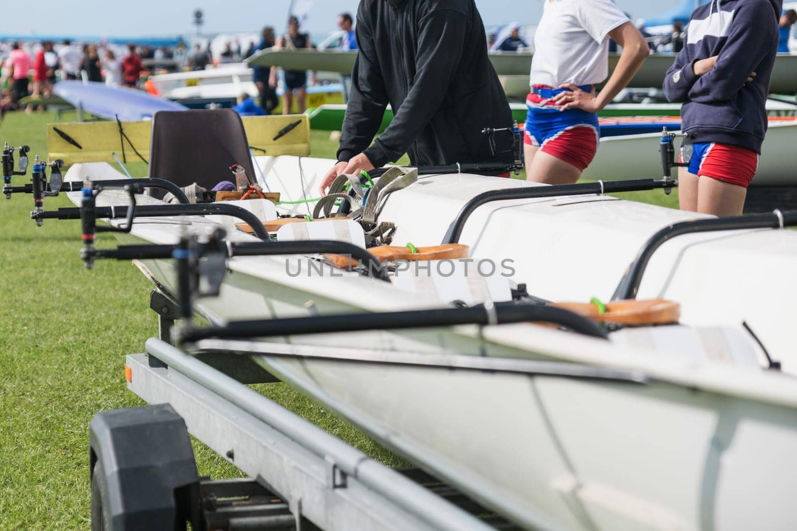 French Rowing Championship. Water Rowing boats on the grass.