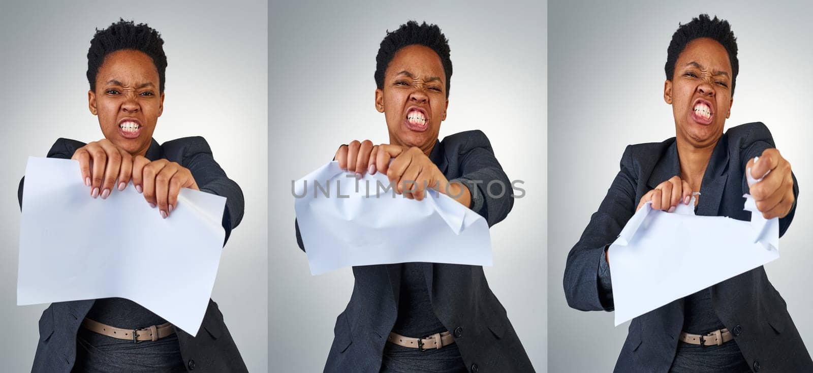 Collage, studio and anger in business with woman, paper work or documents with frustrated employee. Burnout, frustrated and rage for stressed manager, mental health with worker in corporate workspace by YuriArcurs