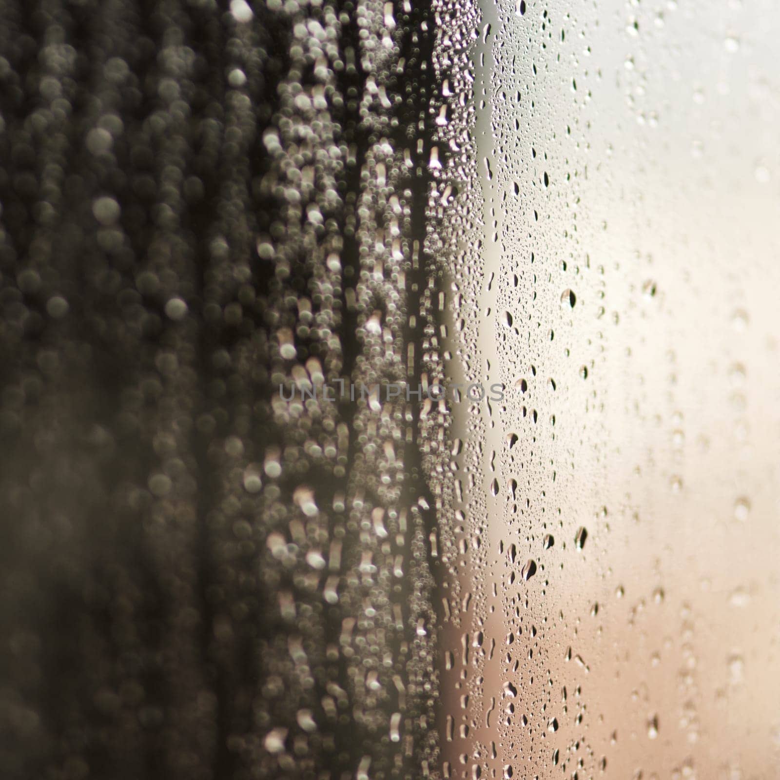 Glass, water or raindrops with steam on surface, texture and wallpaper or screensaver with abstract. Moisture, humid or liquid bubble on window, condensation and droplet with fog or reflection.