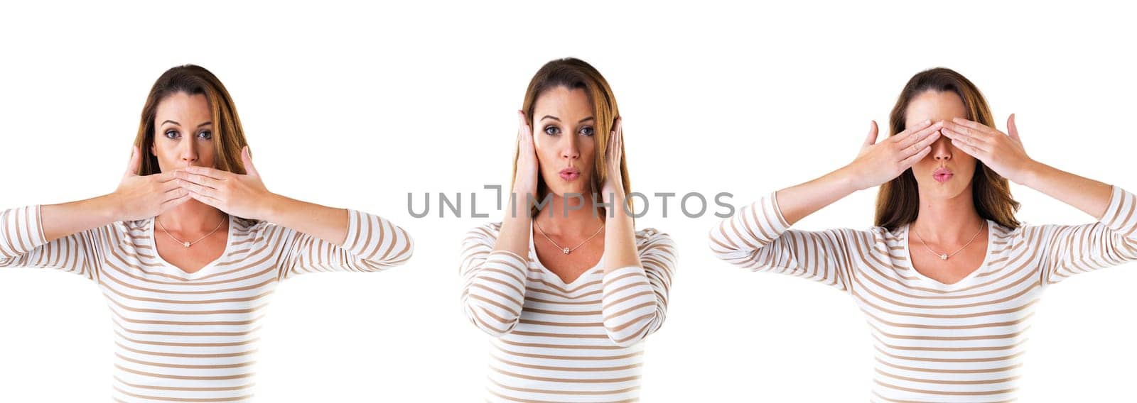 Collage, woman in portrait and surprise in white background with comic, goofy and hands on face in studio. Female person, funny and comedy with different emotion, silly expression or reaction by YuriArcurs