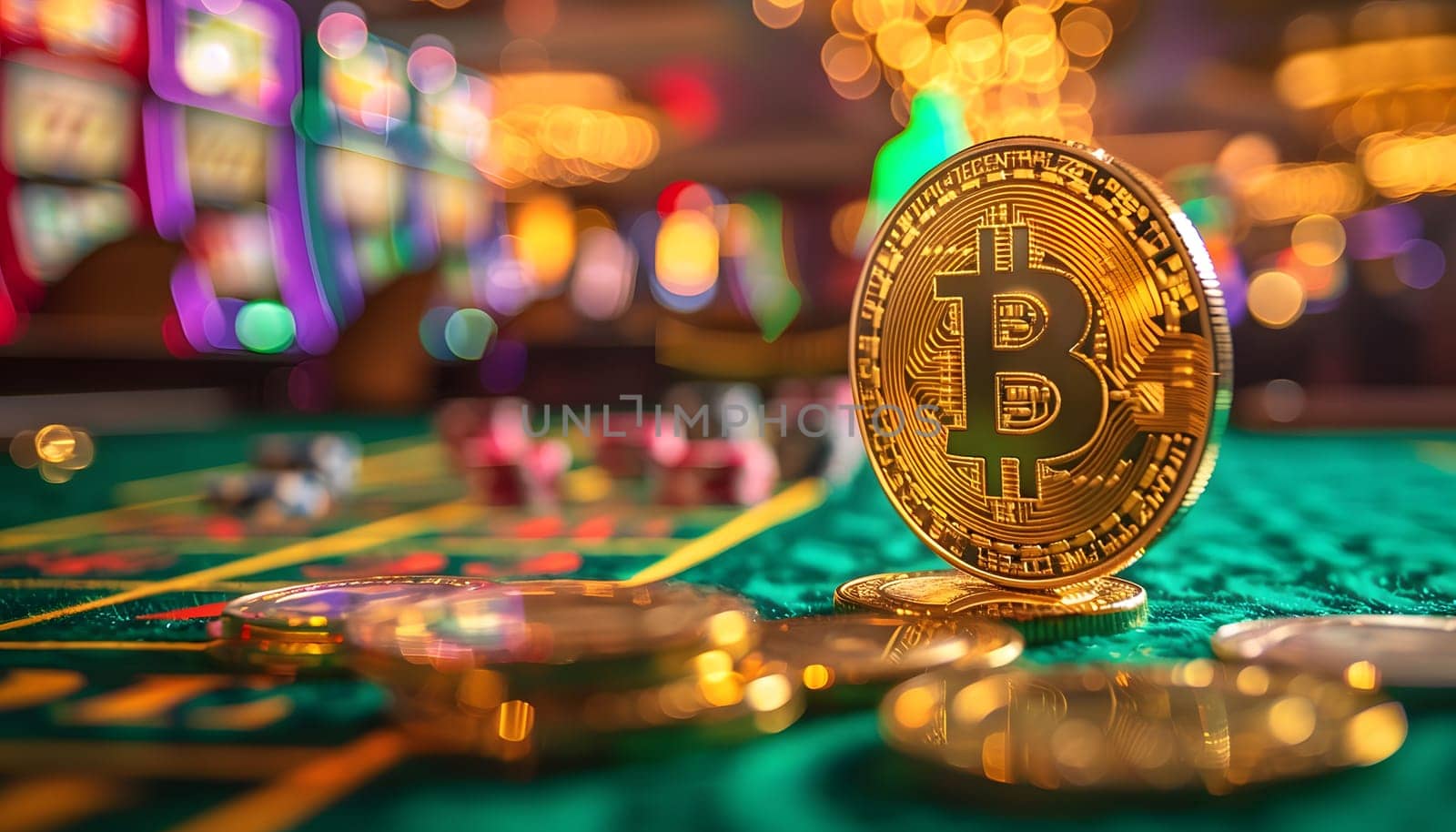 In the vibrant city, a colorful bitcoin is placed on a stack of poker chips at a lively casino event. The glass table reflects the fun games and fashion accessories of the night