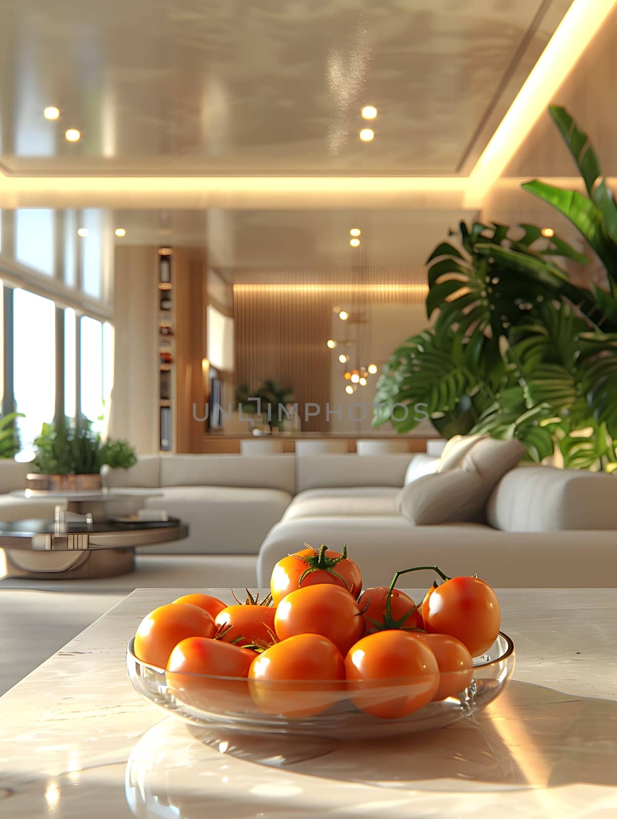 A bowl of oranges, a natural food source, decorates a wooden table in the living room, enhancing the room with its vibrant colors
