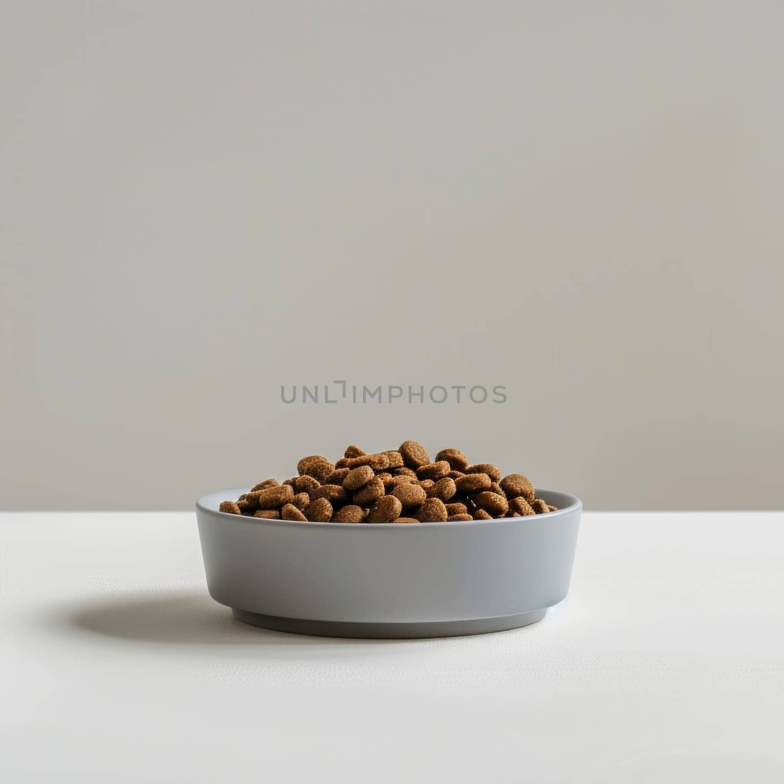 Minimalistic photo of a bowl of dog food on white background.