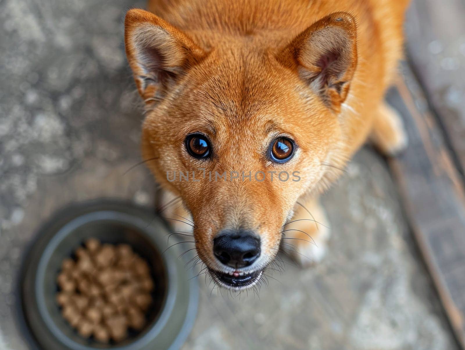 Top view of shiba Inu dog looking at camera with a bowl full of food by papatonic