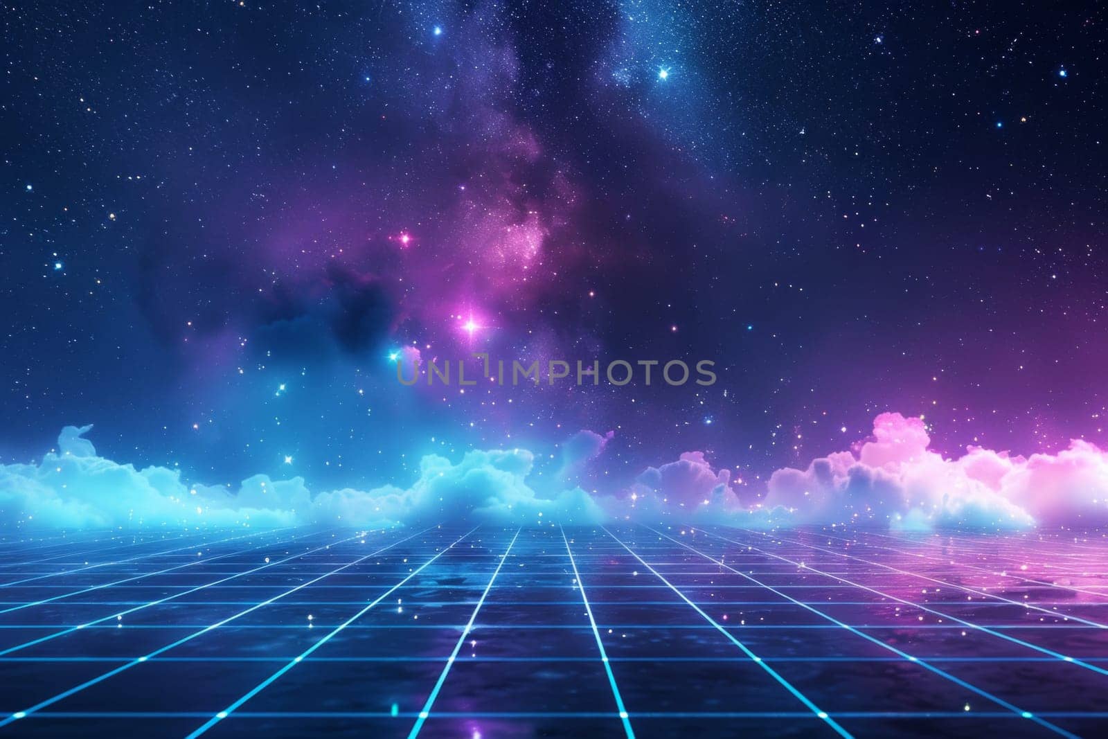 Abstract empty futuristic blue and purple background with a light grid floor and stars in the dark in the background.