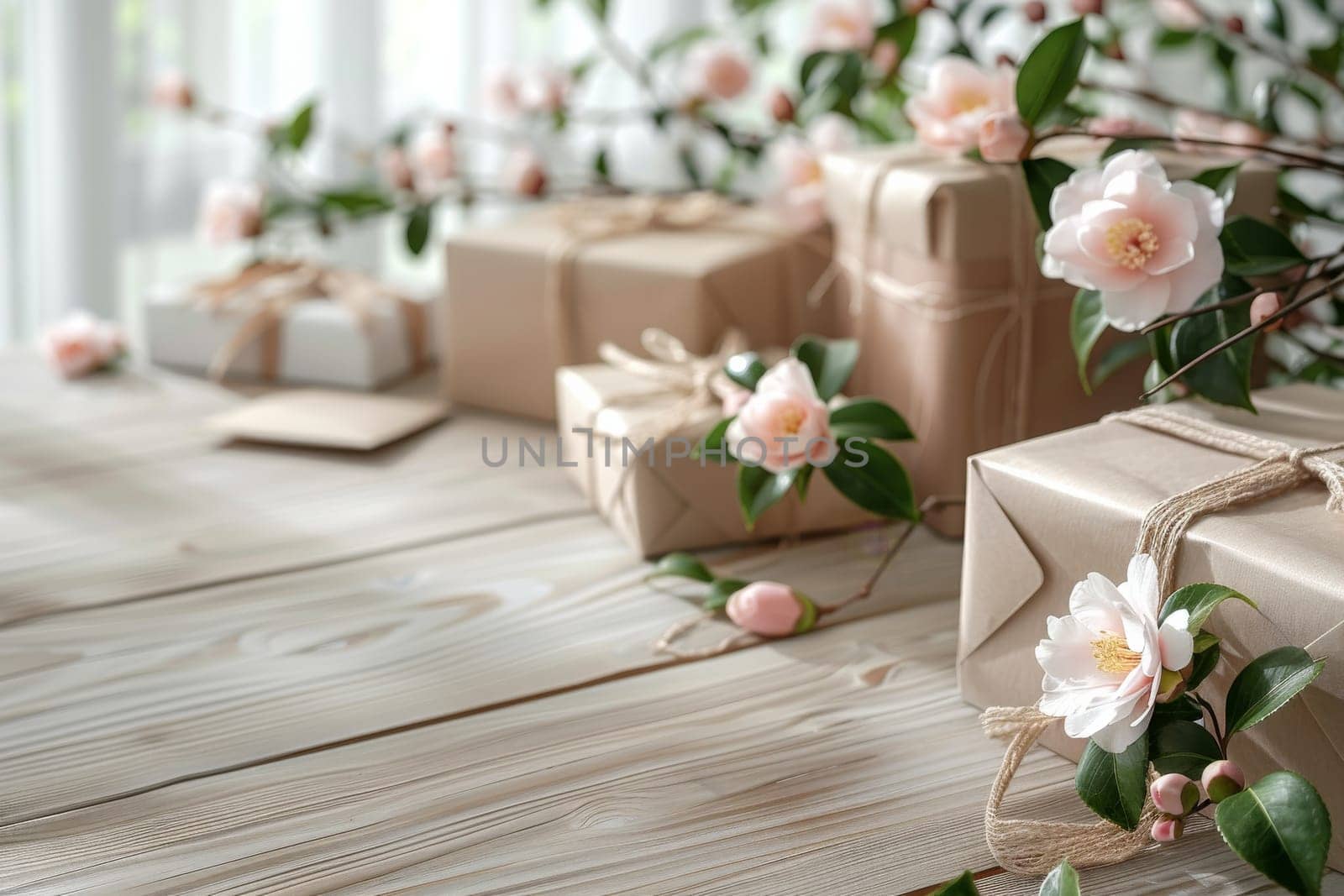 A wooden table with a bunch of brown boxes and flowers on it. The boxes are wrapped in brown paper and tied with string. The flowers are white and arranged in a way that they complement the boxes