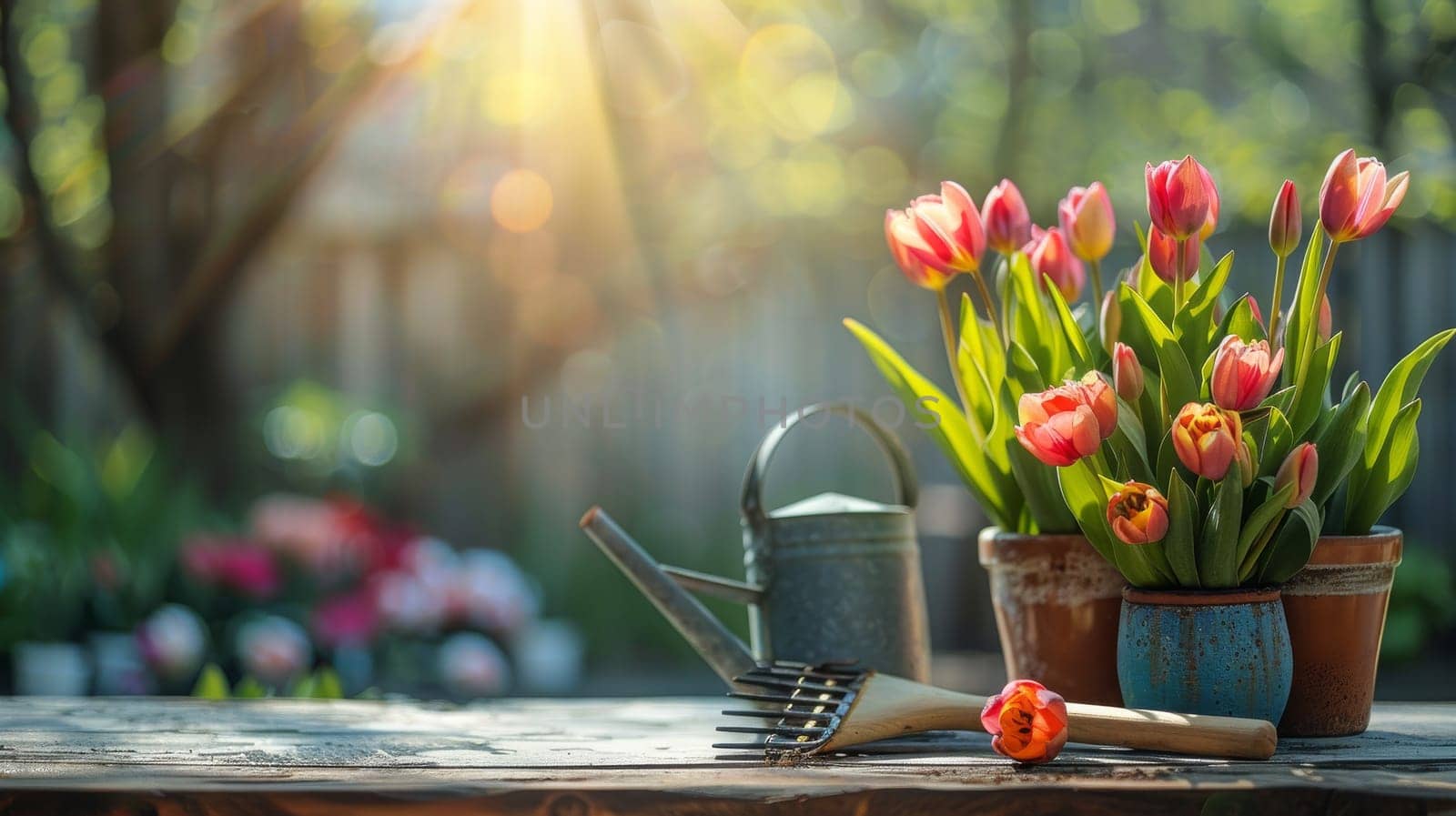 flowerpots of tulips, spring flower season.